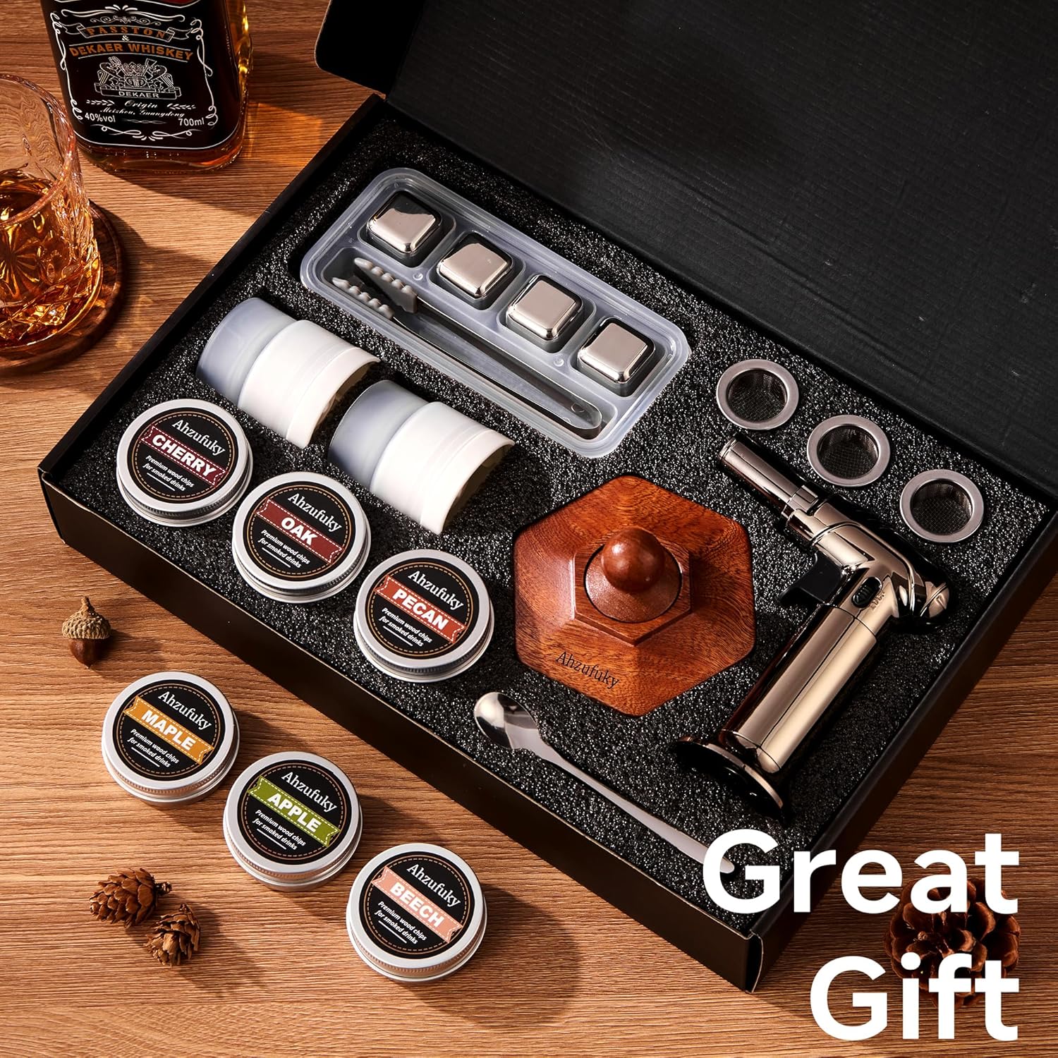 Gift for Whiskey Lovers - Ahzufuky Whiskey Smoker Kit, Complete Home Bar Set with Torch & 6 Wood Chips, Fun & Easy Old Fashioned Cocktail Smoker, Birthday Gift for Men Husband, Dad, Bourbon Enthusiast