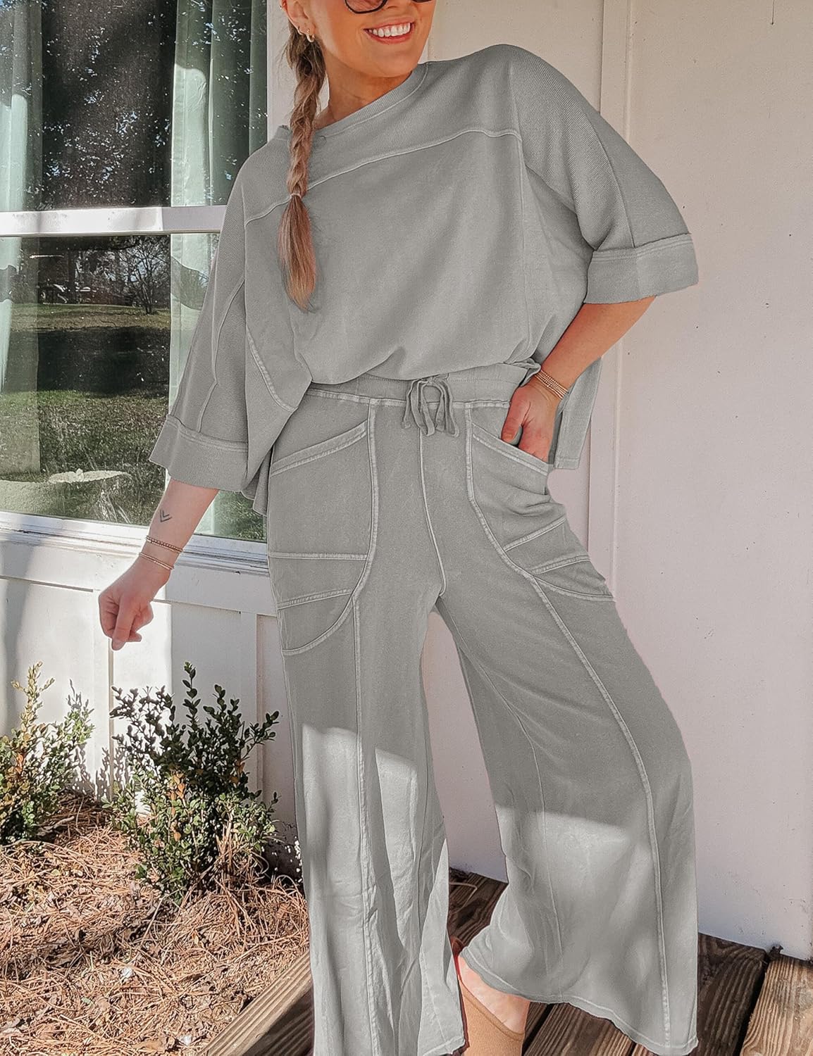 Women Summer 2 Piece Lounge Sets Oversized Sweatshirt Wide Leg Pants | Relaxed Fit Matching Sweatsuit Casual Travel Outfits
