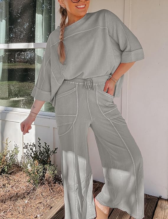 Women Summer 2 Piece Lounge Sets Oversized T-shirt Wide Leg Pants