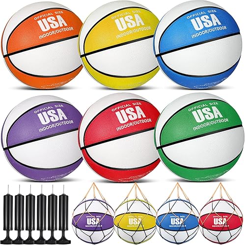 6 unidades de baloncesto de goma a granel de tamaño oficial con bomba de aire libre para entrenamiento en interiores y exteriores, pelota de calle