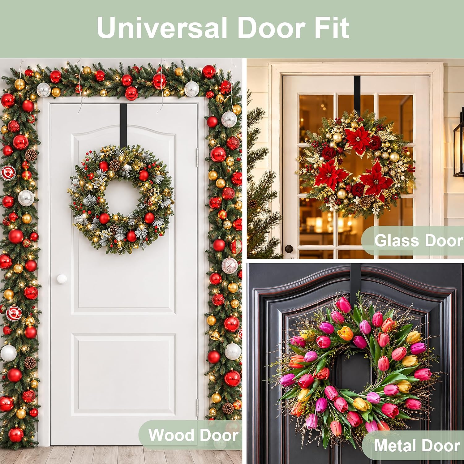 Wreath Hanger for Front Door, Adjustable 15.5 to 26 Inch Over the Door Wreath Hanger, 22lb Heavy Duty No Scratch Door Hanger, 0.08" Ultra Thin Hook, No Tools Needed, Black, 1-Pack