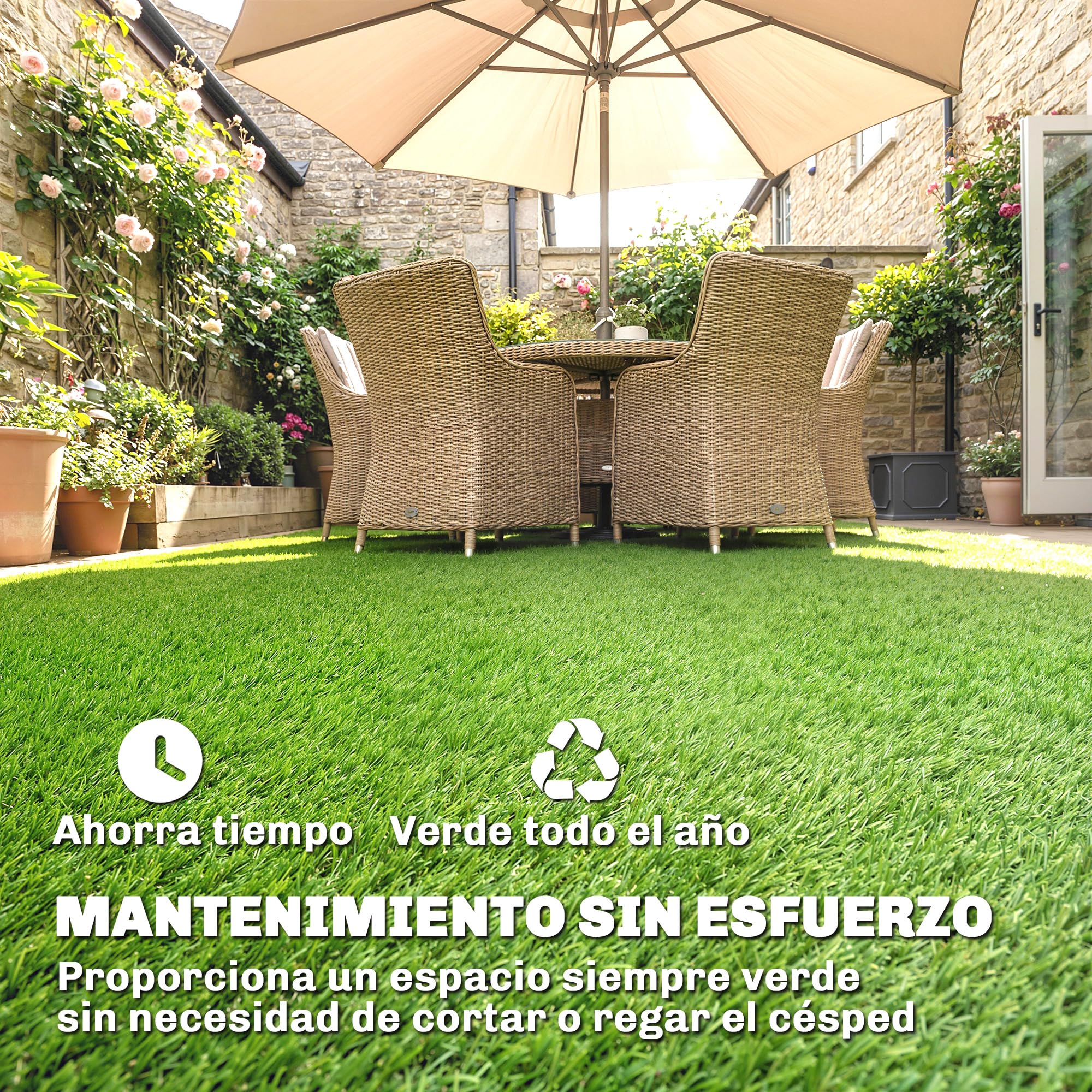 Outsunny Césped Artificial 1m x 4m, Alfombra Césped Artificial con Altura de Hierba 10 mm, Drenaje Automático, para Jardín, Terraza, Patio, Balcón, Interior y Exterior, Verde