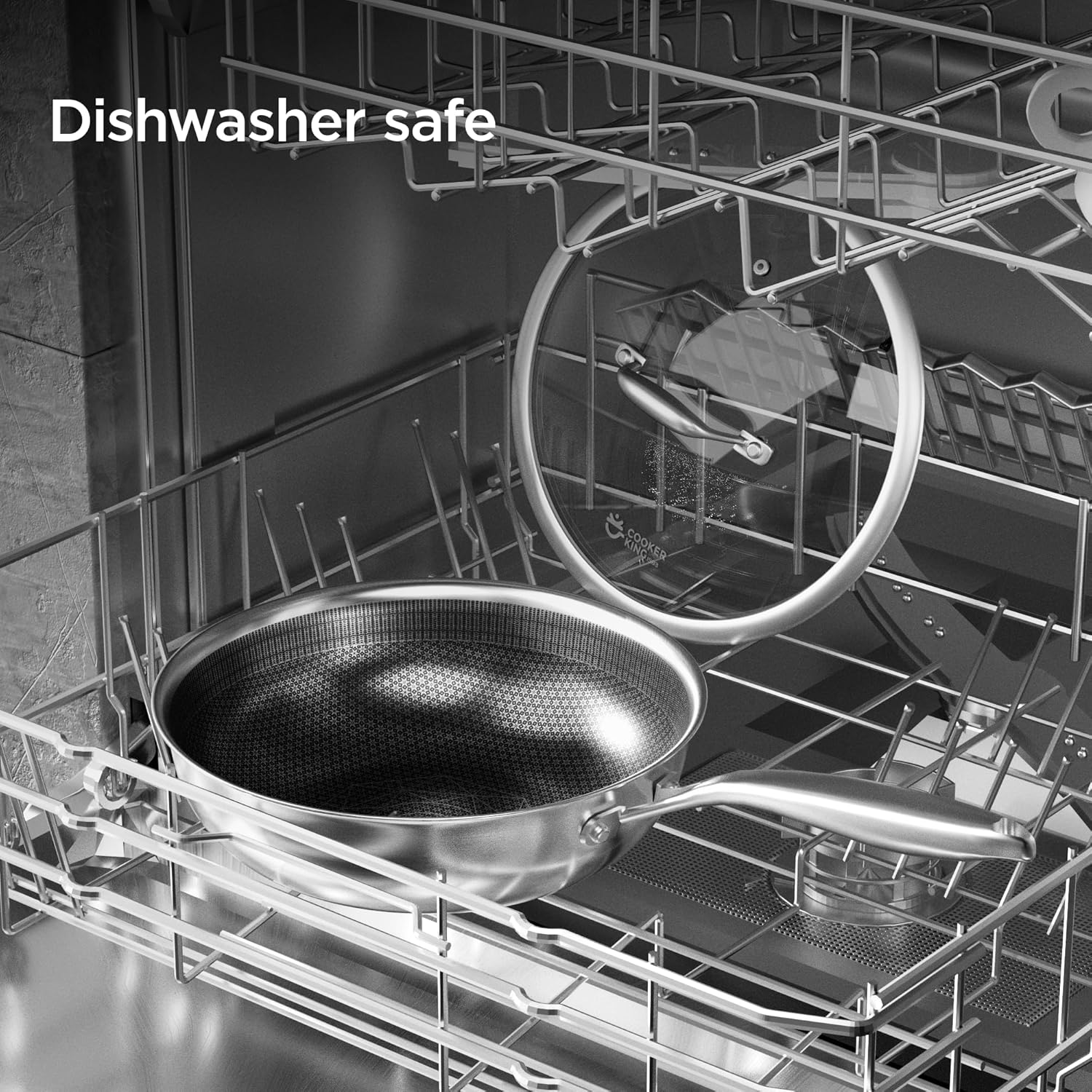 COOKER KING 12-Inch Hybrid Stainless Steel Wok with Lid, Nonstick Stir Fry Pan & Deep Frying Pan, Tri-Ply Clad Honeycomb Everyday Pan, Induction Ready, Oven & Dishwasher Safe, PFOA Free