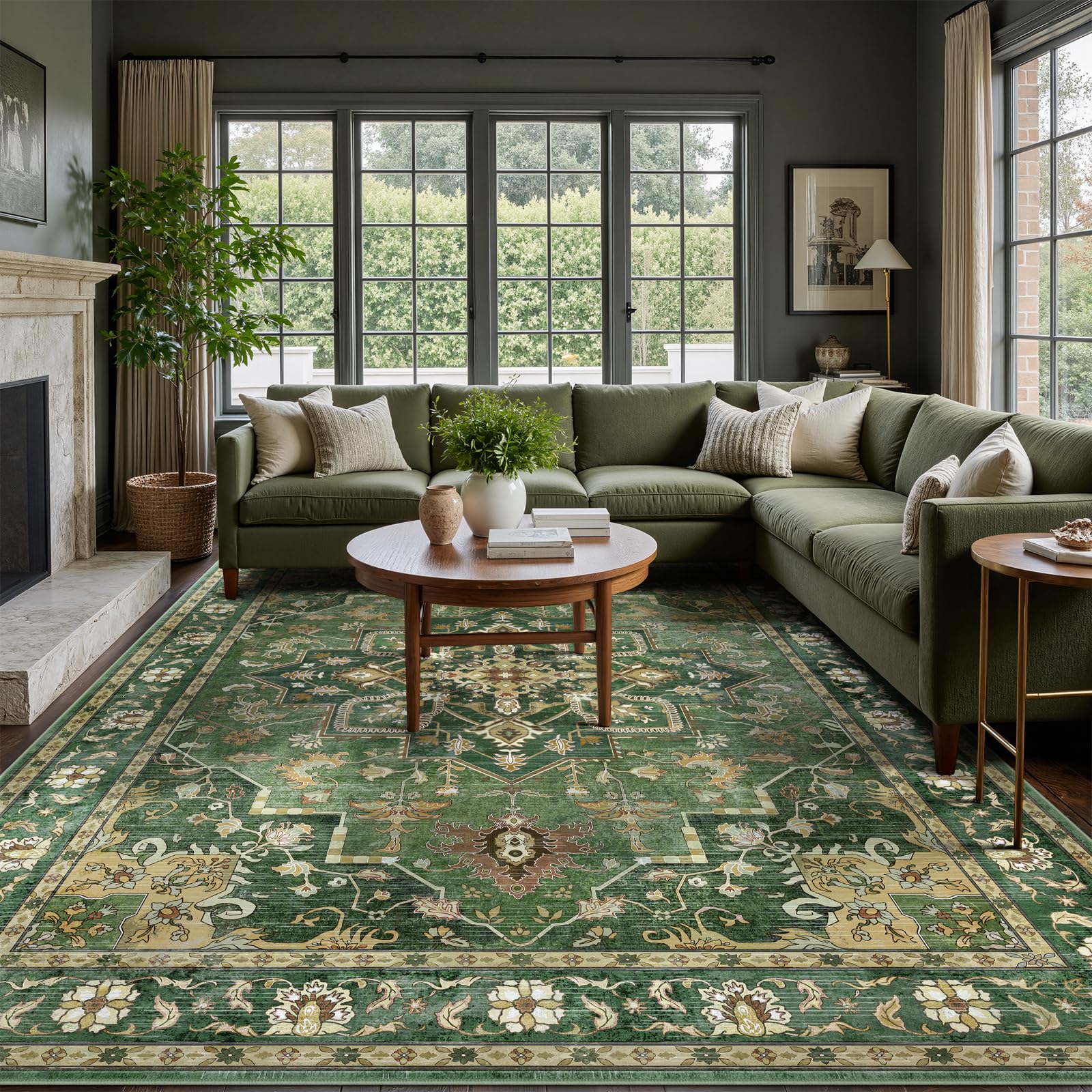 Dadasgk 8x10 Area Rug Living Room Rugs, Vintage Green Floral Medallion Boho Oriental Non-Slip Low Pile Machine Washable Area Rug for Bedroom Dining Room Bathroom Office Laundry Room, Dark Green