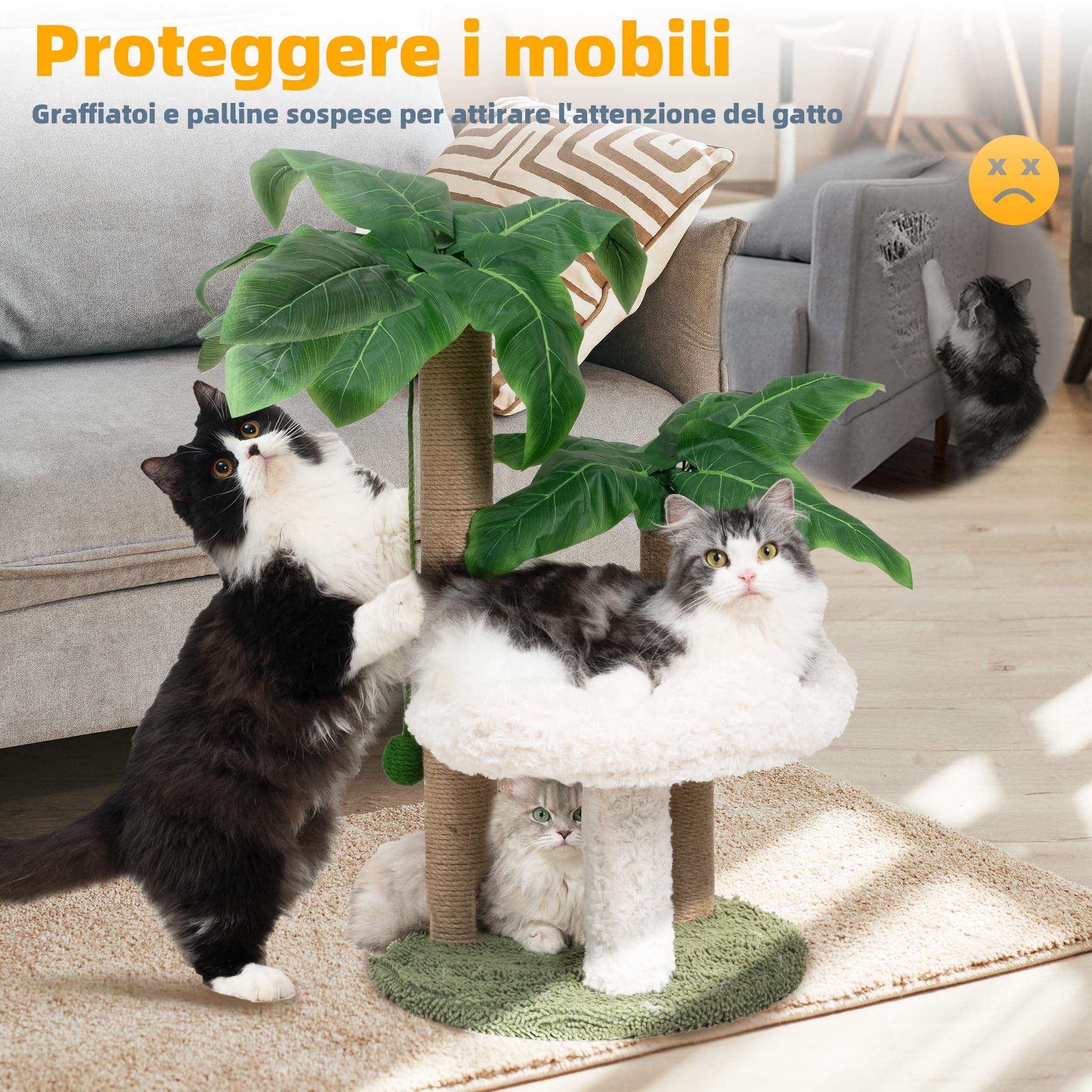 Meowoou Tiragraffi per Gatti, con Cuccia, Grazioso, da Interno, di Taglia Grande con 3 Postazioni per Graffiare, Palline di Sisal Sospese per Gattini e Gatti Adulti, Torre da Arrampicata (Nuvola)