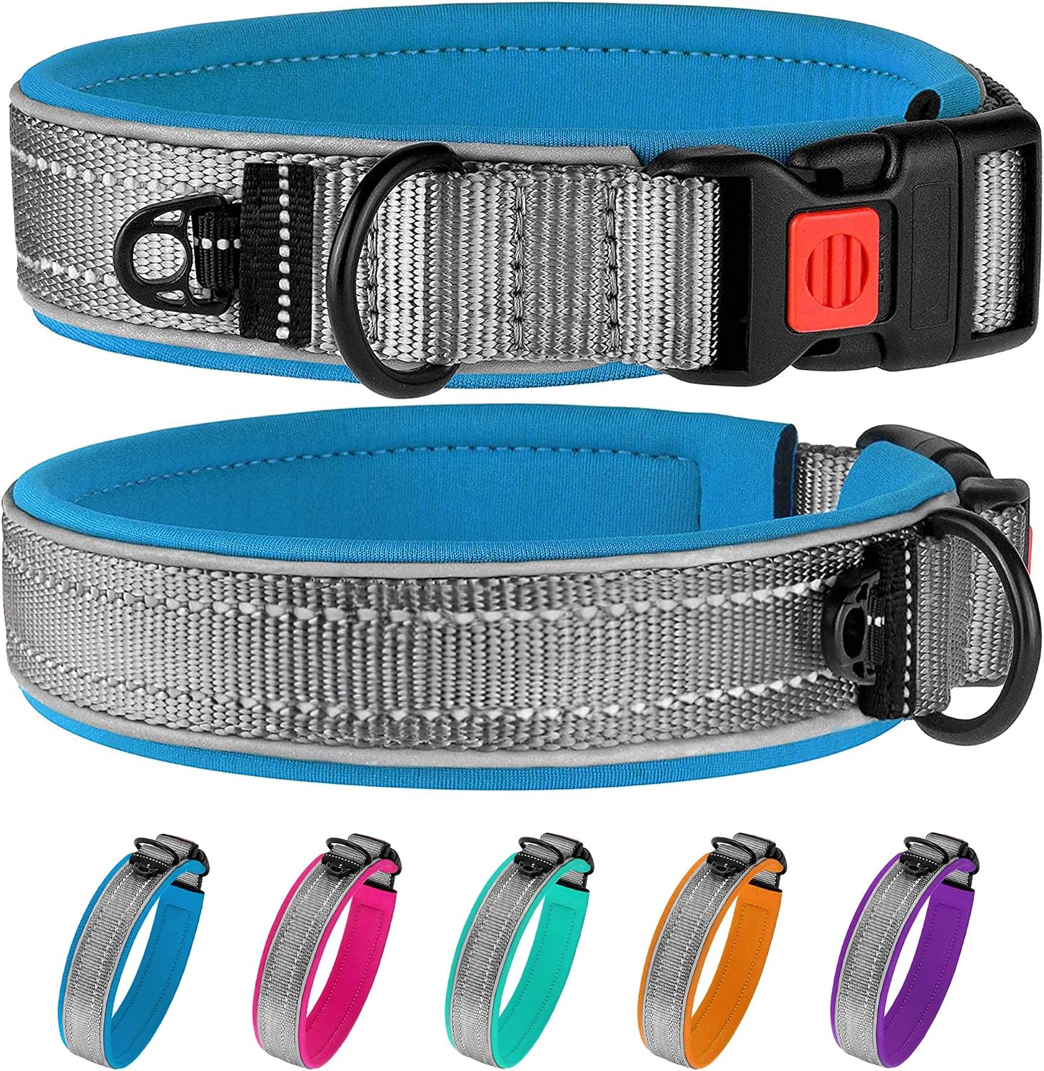 BRONZEDOG Reflective Dog Collar Nylon Soft Padded Pet Collars for Medium Large Dogs Mint Pink Blue Orange Purple (M, Blue)