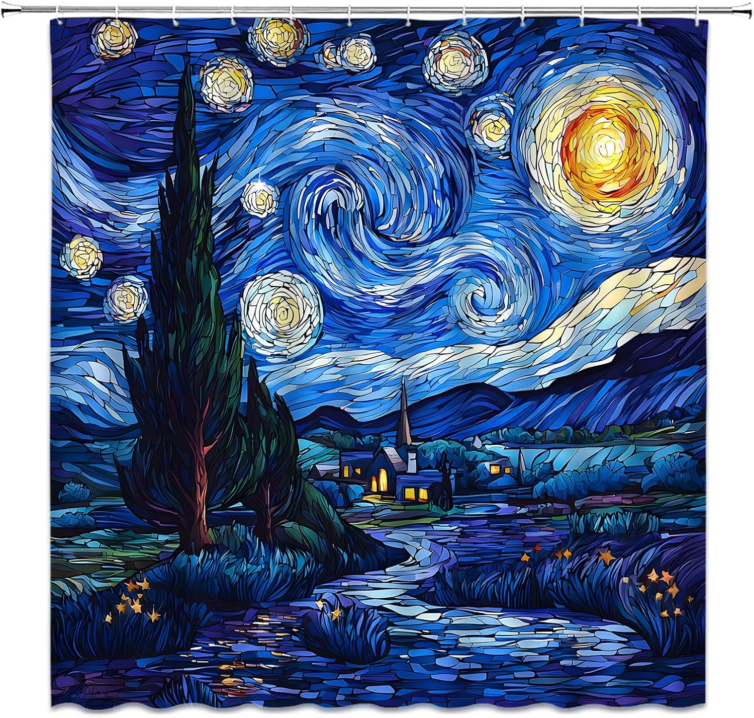 Starry Night Shower Curtain Stained Glass Abstract Art Stars Moon Country Nature Fabric Bathroom Decor Set with Hooks,(70" Wx84 H)