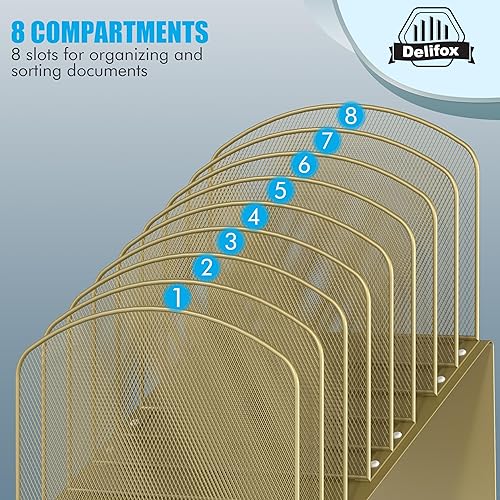 Vista 12 de Organizador de archivos de escritorio inclinado, soporte vertical de 5 secciones, soporte de metal clasificador de archivos para oficina y aula