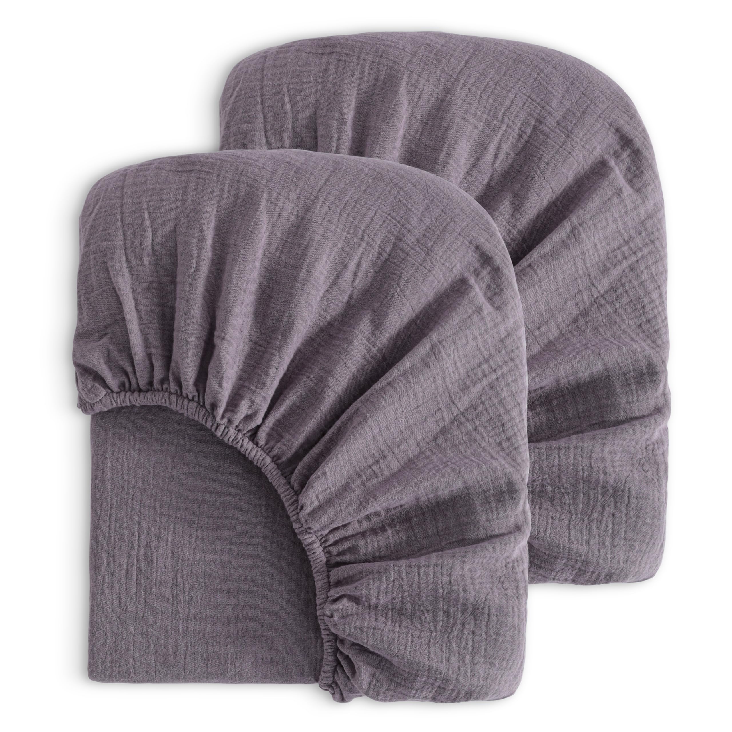 NTBAY 2 Pack Muslin Cotton Mini Crib Sheets, Soft and Breathable Double Layer 24x38 Baby Crib Sheets for Mini Crib and Toddler Mattresses, Boys, Girls, Unisex, Greyish Purple, 24x38 Inches | Double-layer Muslin Cotton Sheets with Full Elastic for Compatible 24 x 38 Inch Mini Crib Mattresses, 2 Fitted Sheets