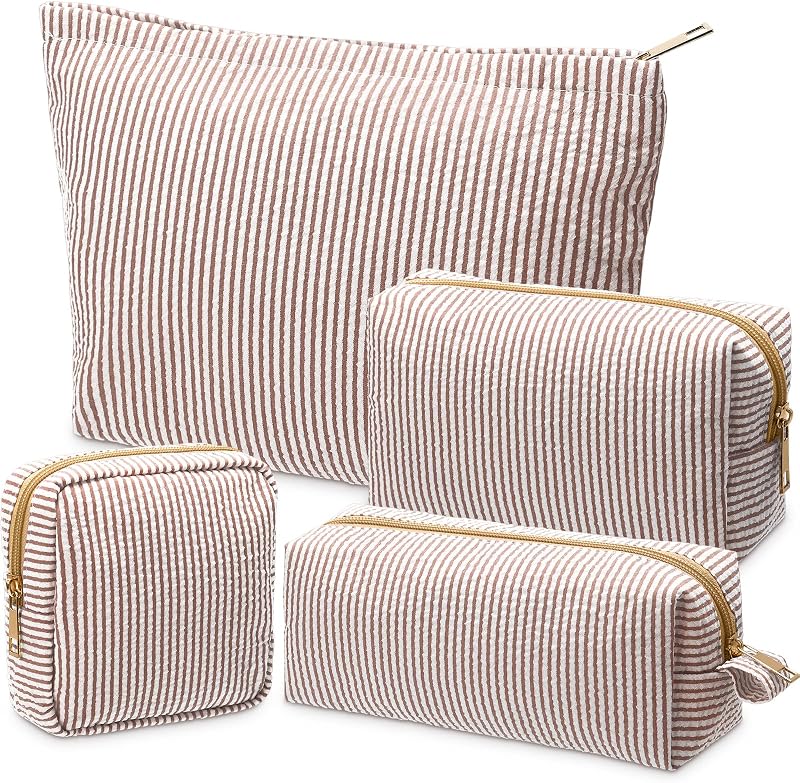 Sanwuta Conjunto com 4 Necessaires de Maquiagem Listradas em Seersucker, Khaki