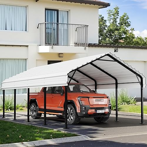 Walsunny Metal Carport 12x20 FT Heavy Duty Carport Canopy with Enhanced Base, Outdoor Car Shelter with Galvanized Steel Roof and Frame Garage for Truck, SUV, Boat, Gray