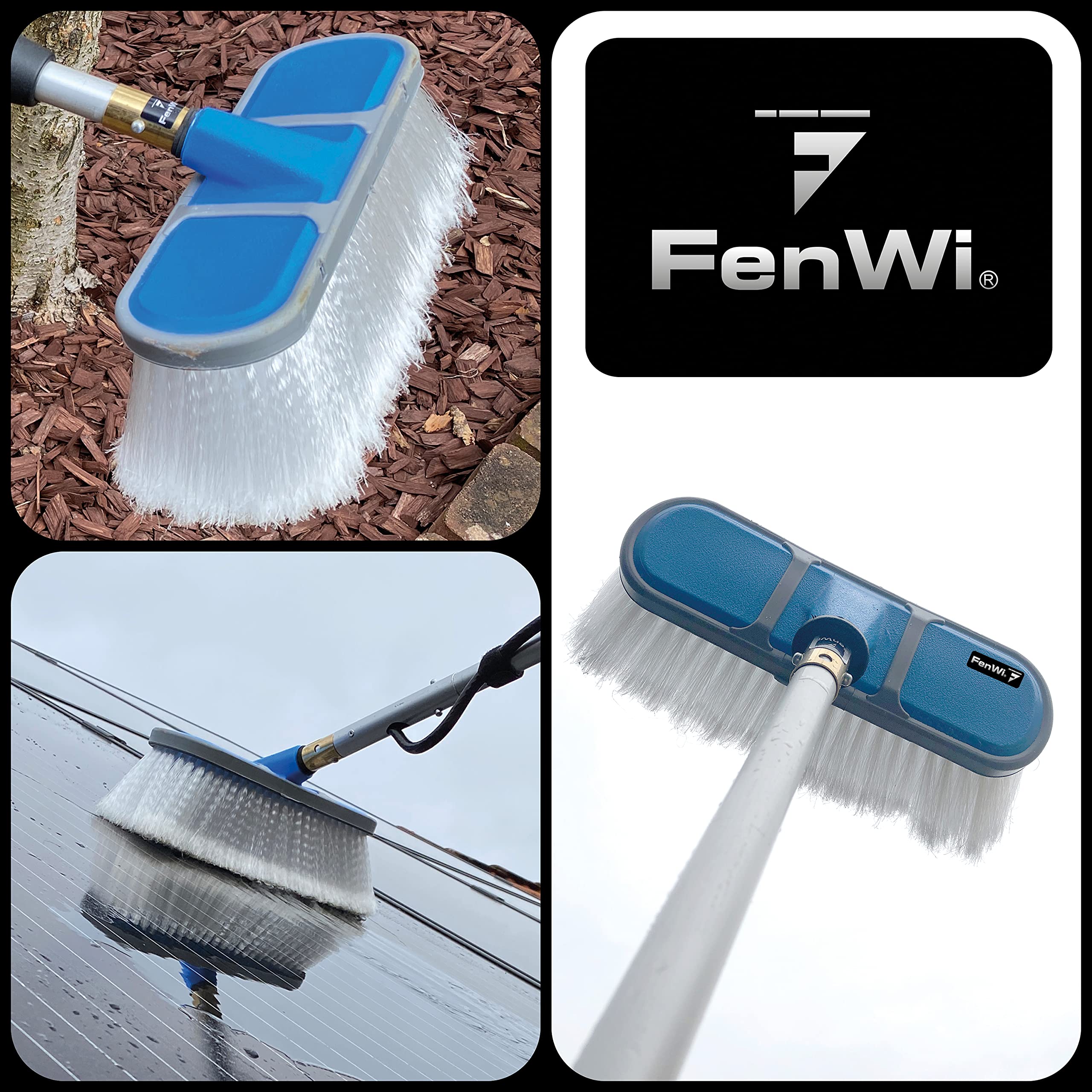 FenWi Waschbürste blau mit weißen Schonborsten/Glasbürste für Glasflächen und Photovoltaik/Solarbürste als Zubehör zur Teleskopstange