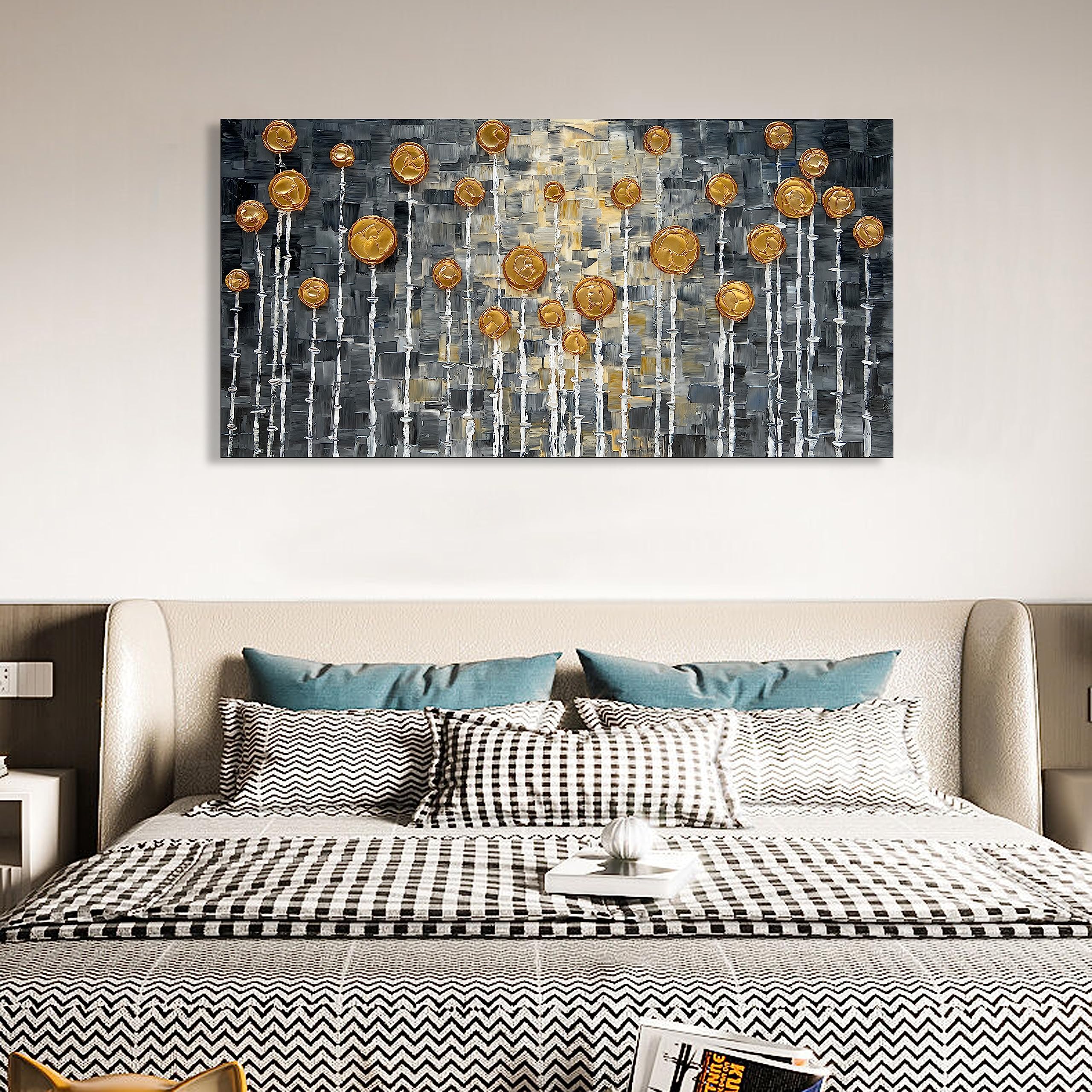 Epicler art Hand-painted Gold Flower Art Oil Painting Modern Home Wall Canvas Decorative Painting 24x48 Inchs