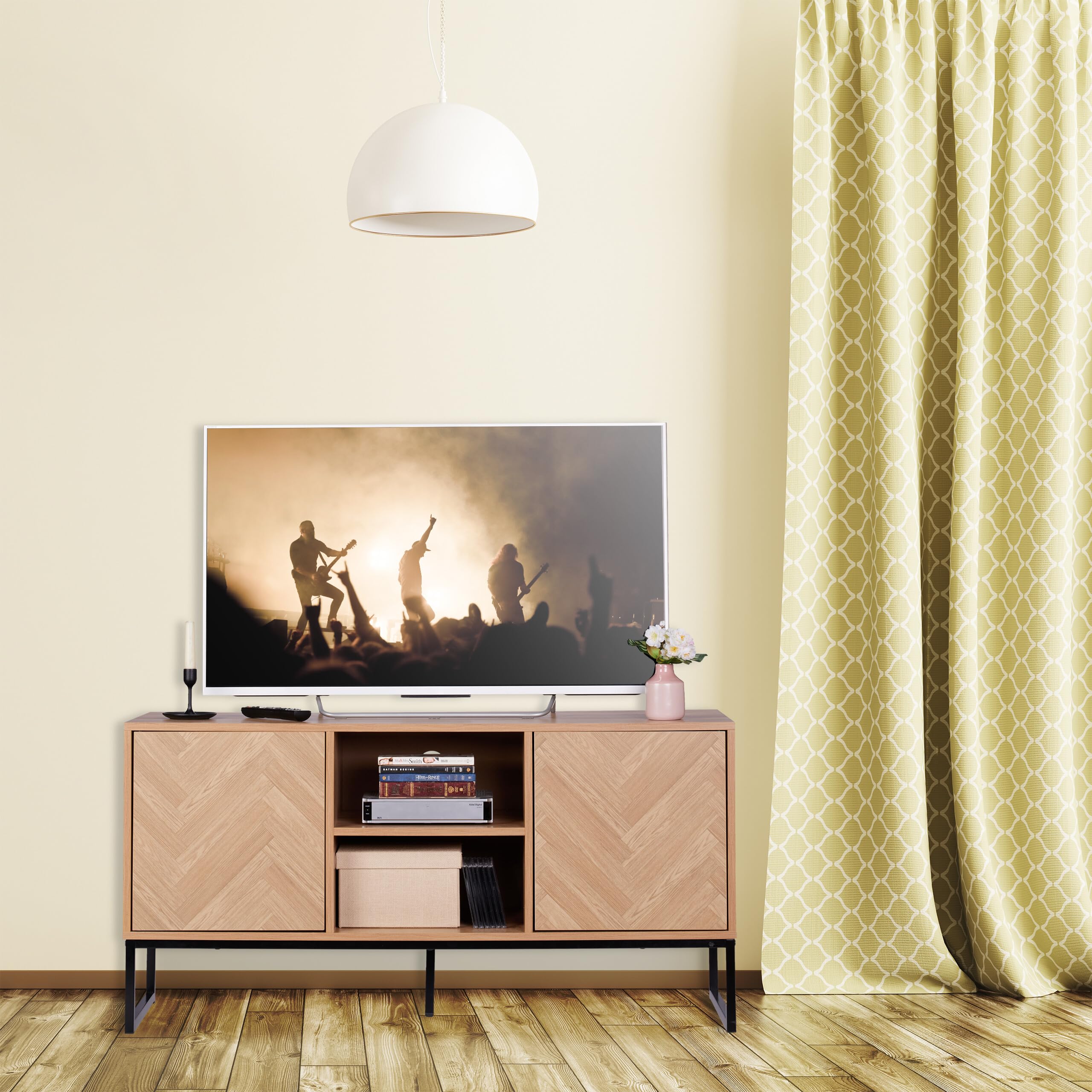 Relaxdays Mobile TV Soggiorno, HLP: 60x120x38 cm, Mobiletto Basso Porta Televisore da Salotto, Industriale, Legno Chiaro