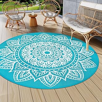 Famibay Outdoor Rugs Round 180cm Waterproof Outdoor Garden Patio Rug Recycled Plastic Straw Rug Reversible Portable Camping Mat Indoor Round Floor Mat for Balcony Deck Backyard Porch