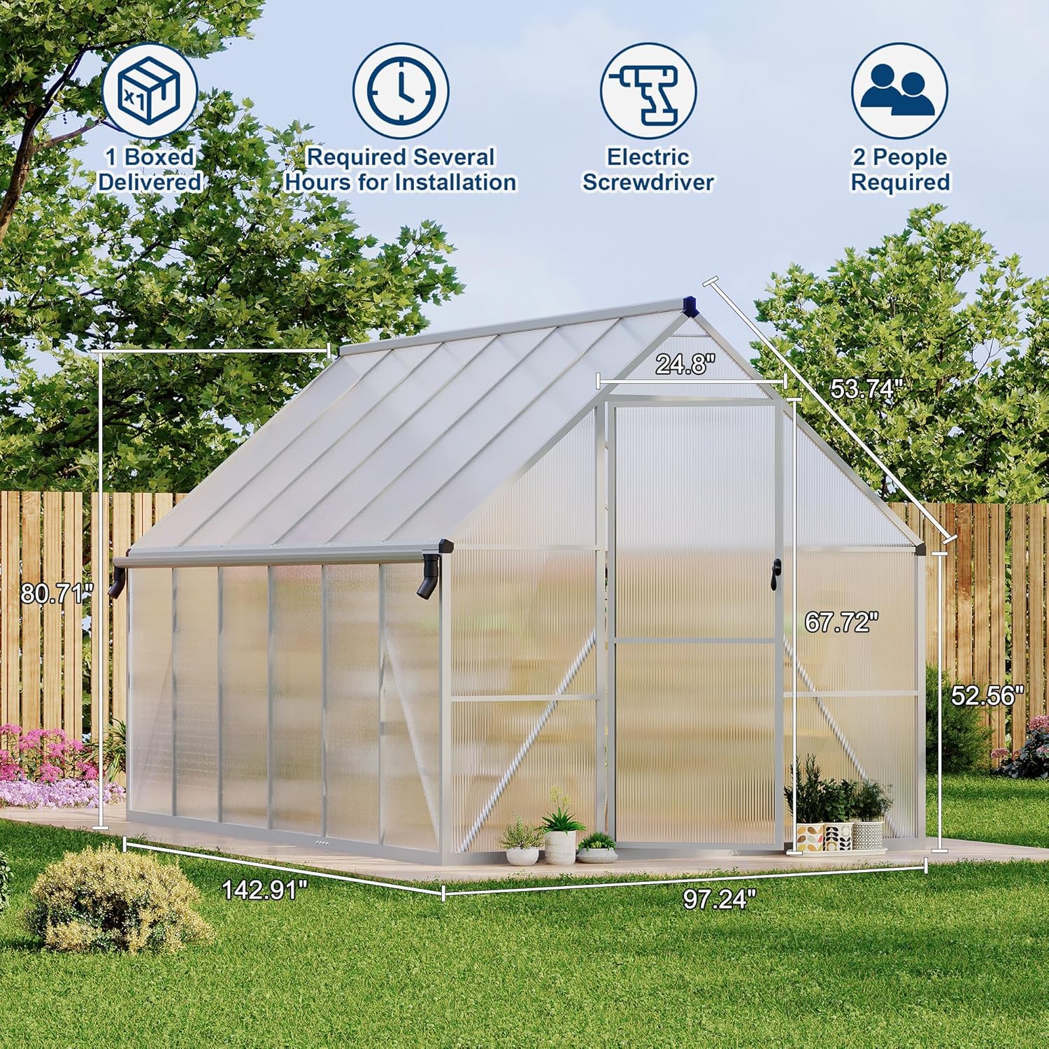 Polycarbonate Greenhouse for Outdoors, Large Walk-InGreenhouse with Quick Setup Structure and Roof Vent, Greenhouse with Ventilation