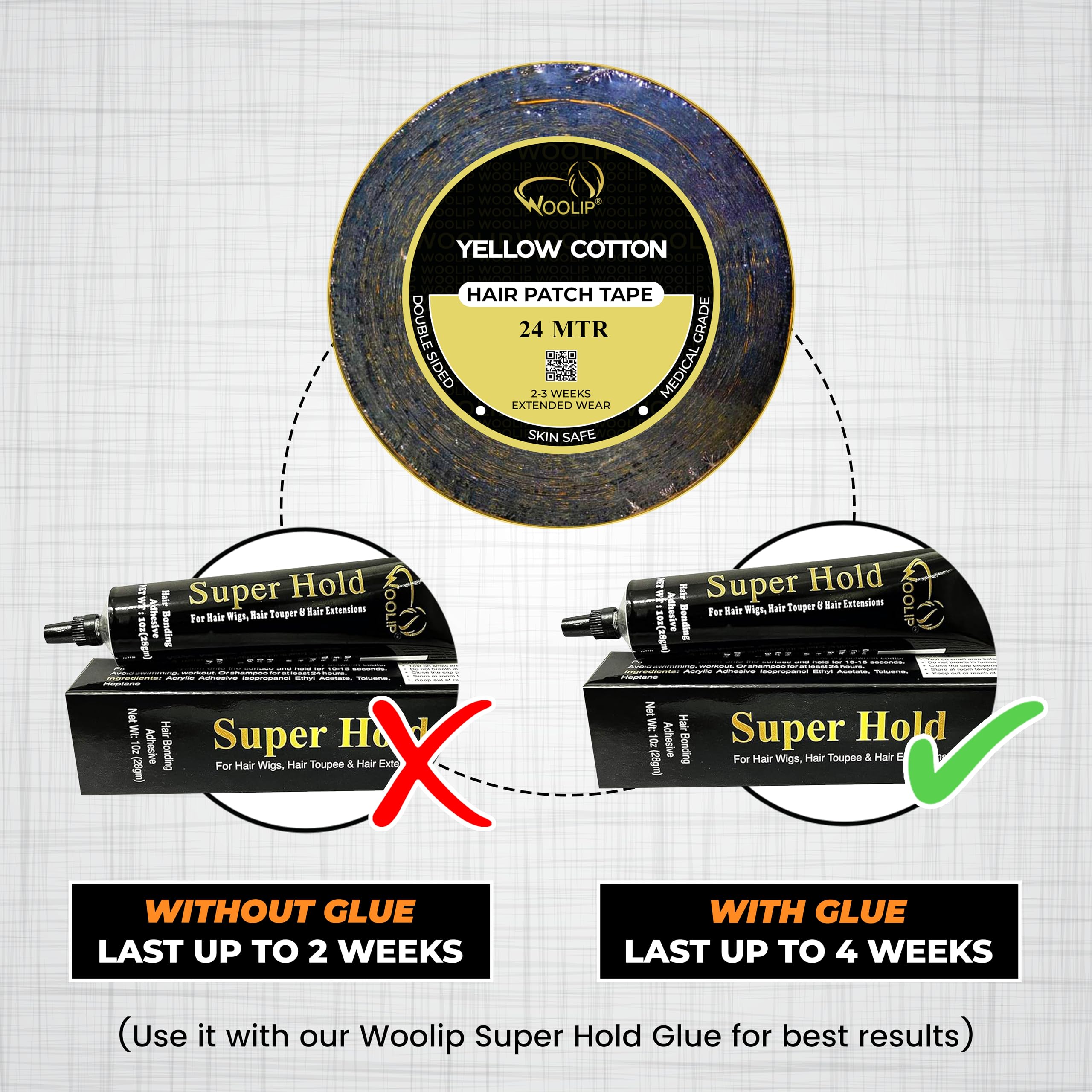 Woolip Yellow Black Tape 24m Hair Patch For Super Ultra Hold Up To 2–3 Weeks Waterproof | Wig Tape 1 Inch Cotton Material | For Men & Women | Double Sided Hair Patch Tape Yellow Black 2