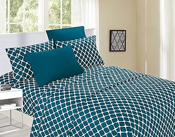 Elegant Comfort Luxury Softest and Coziest 6-Piece Bed Sheet Set, Wrinkle Resistant Milano Trellis Pattern-1500 Thread Count Egyptian Quality Microfiber Bedding Set, California King, Teal