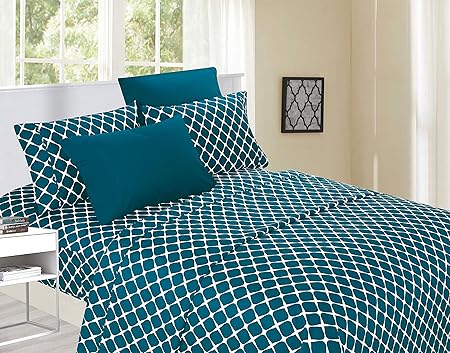 Elegant Comfort Luxury Softest and Coziest 6-Piece Bed Sheet Set, Wrinkle Resistant Milano Trellis Pattern-1500 Thread Count Egyptian Quality Microfiber Bedding Set, California King, Teal