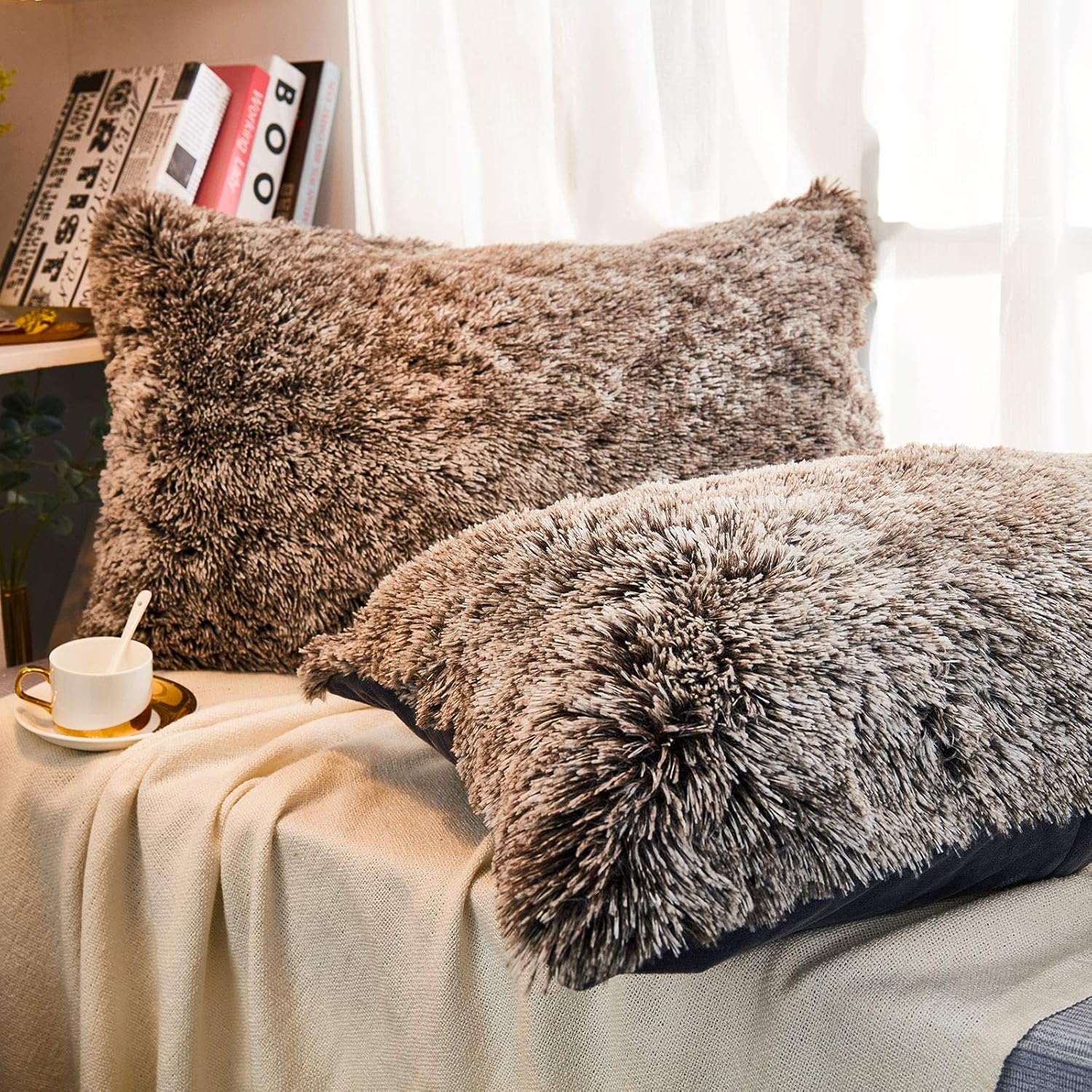 JAUXIO Faux Fur Decorative Throw Pillow Shams 2 Pack Luxury Shaggy Pillowcases Crystal Velvet Reverse King Size (Dark Grey Ombre, 20 X 36 Inches) - Image 3