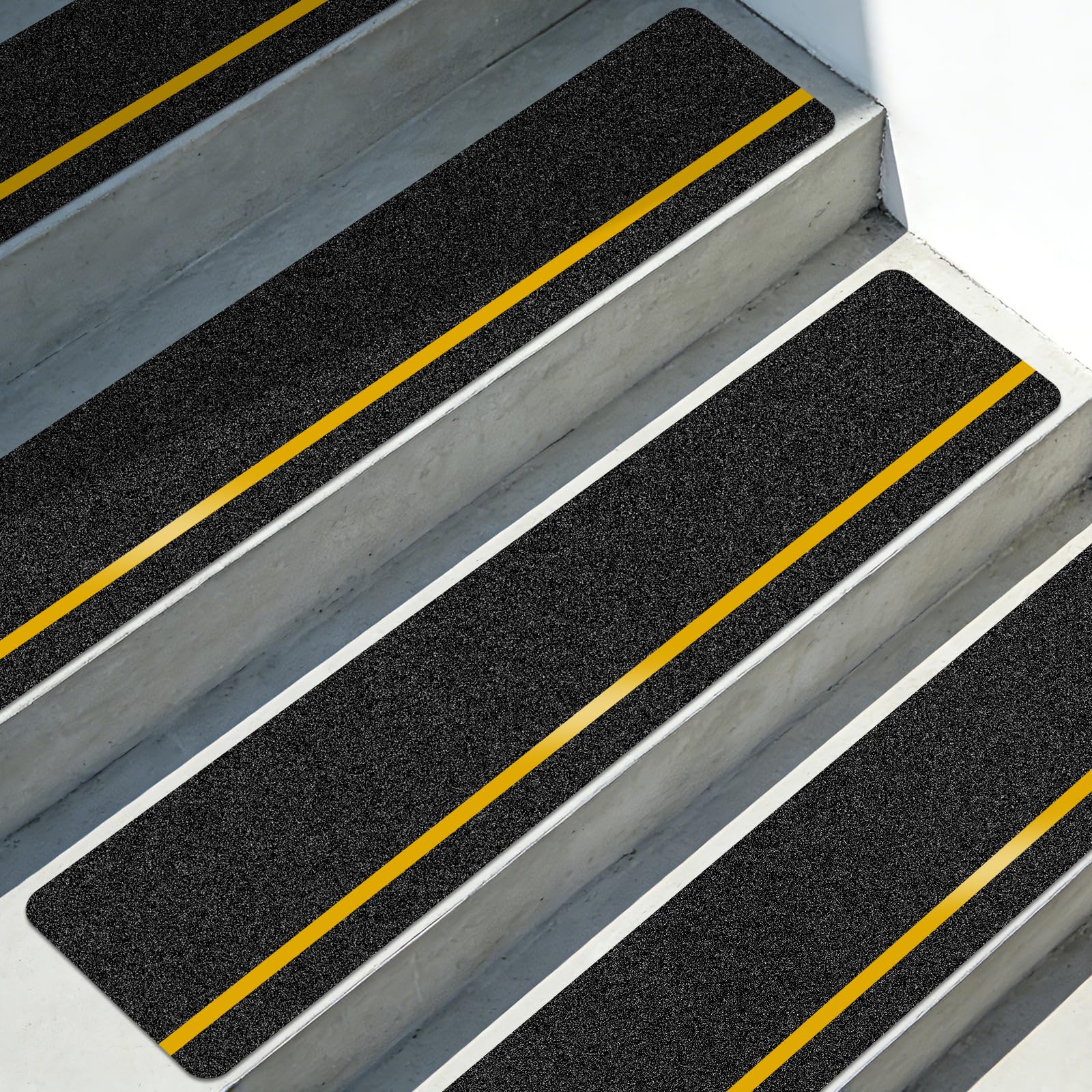 10 Pack Anti Slip Traction Treads with Reflective Stripe, 15cm x 76cm Grit Non Slip Waterproof Tape Pre-Cut Tape with Roller, High Traction Friction Abrasive Adhesive for Stairs Step, Black & Yellow