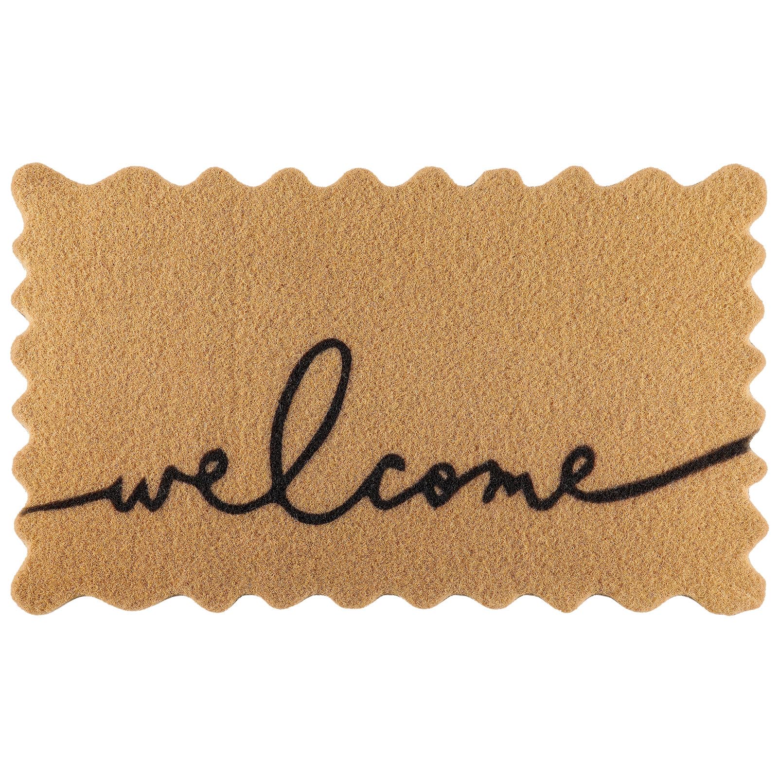Reallnaive Scalloped Edge Welcome Doormat Imitation Coir Home Plate Durable Dirt Trapper Welcome Mats for Outdoor Indoor Entrance Garage Door Mat with