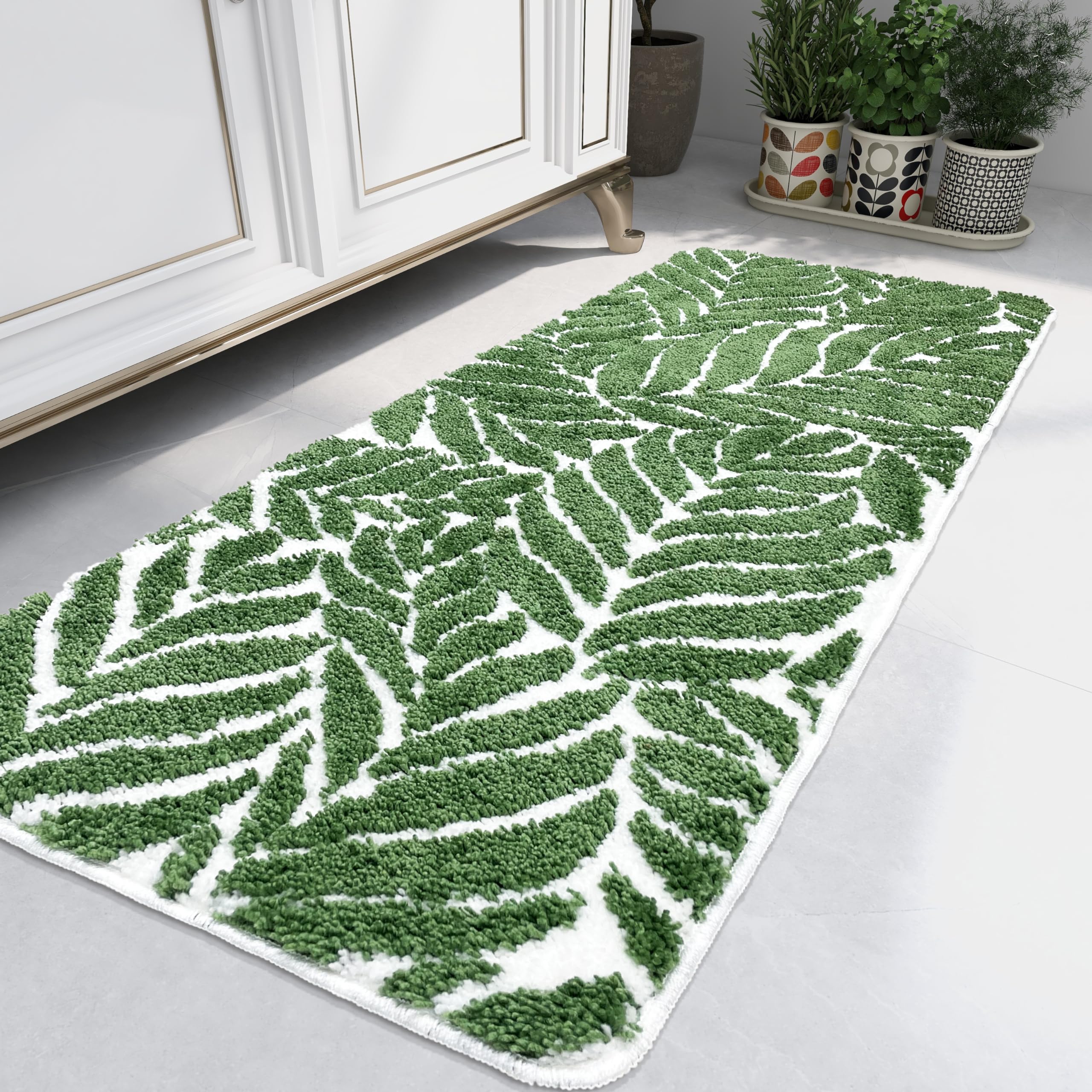 Dark Green Leaf Bathroom Runner - Bath Mats Non Slip Machine Washable Bathroom Decor Water Absorbent Bath Rugs for Sink Bathtub and Shower Leaves 60 x 150 cm