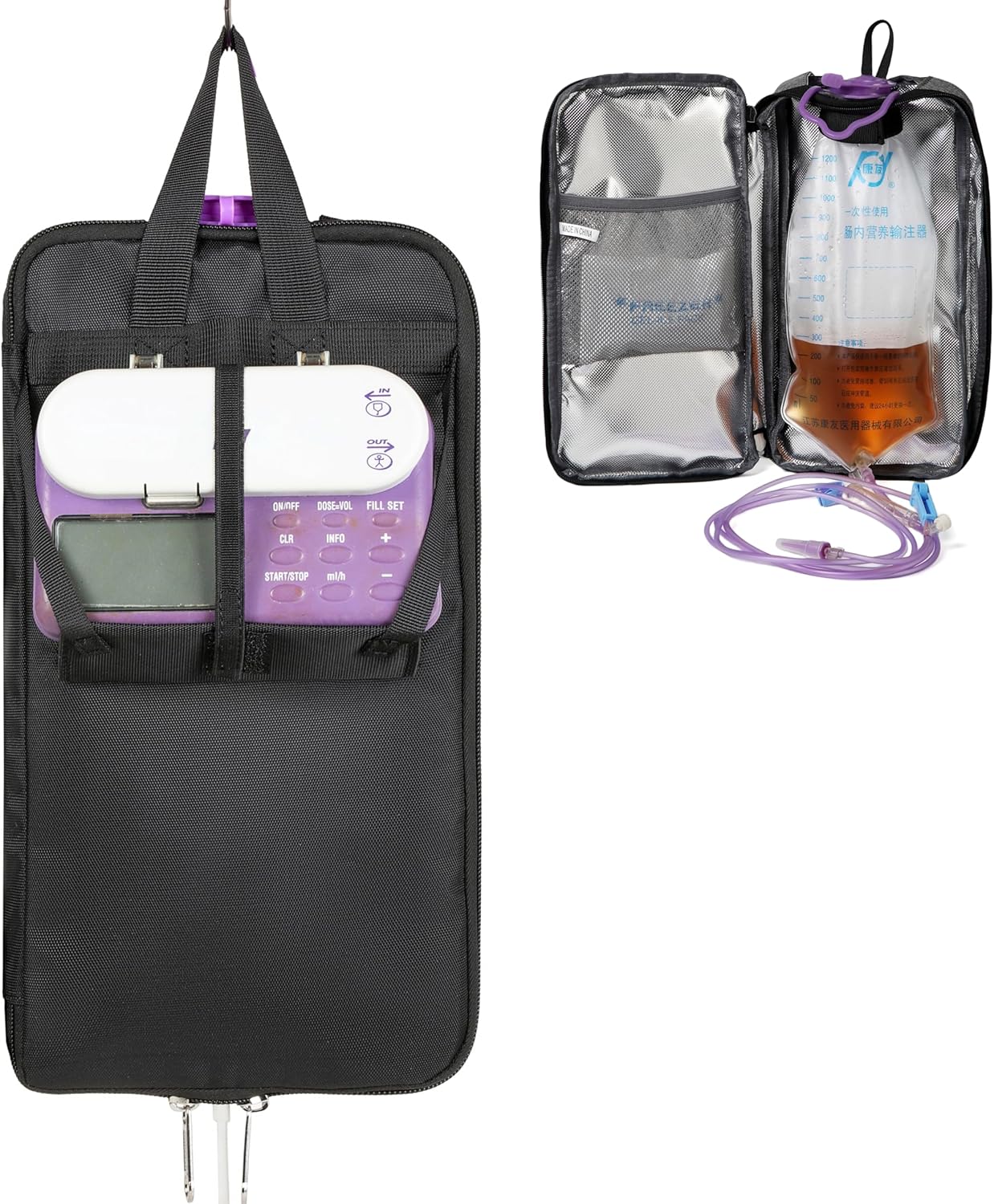 Meesyn Insulated Feeding Tube Pump Organizer Bag: 3-Layer Thermal Design, Detachable Cooling Pocket, Fits 500-1200ml Formulas for G/J/GJ Tubes (Black)