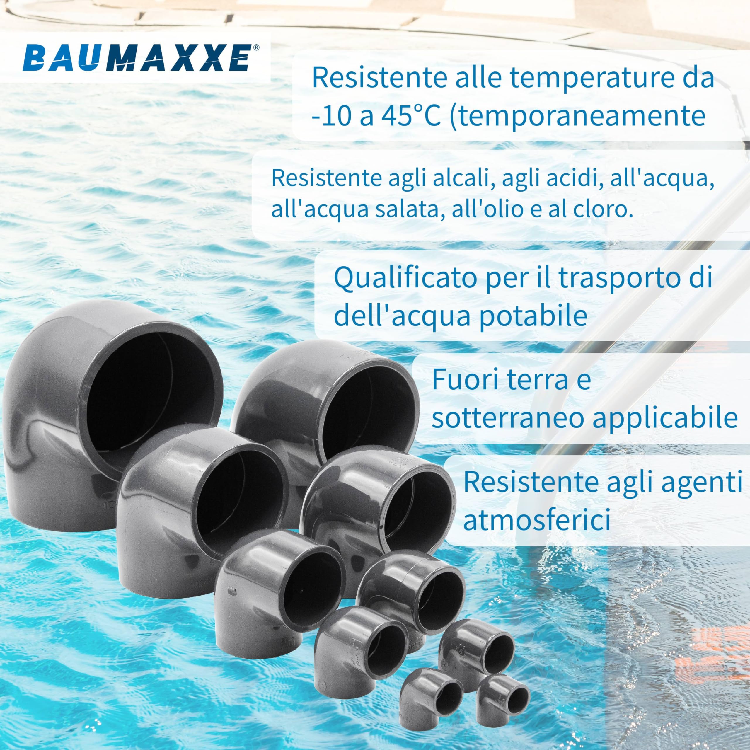 Raccordo a gomito PVC 90° I manicotto da incollaggio doppio PN16 I 40 mm 1 1/4" PVC-U grigio I per tubi pressione aspirazione piscina irrigazione I bm083