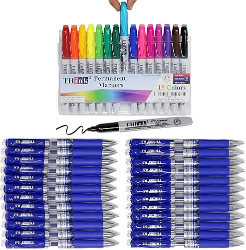 THINK2MASTER 24 bolígrafos  Bolígrafos de gel retráctiles Think2 de tinta azul y 15 marcadores  15 colores Marcadores permanentes Think2 con punta