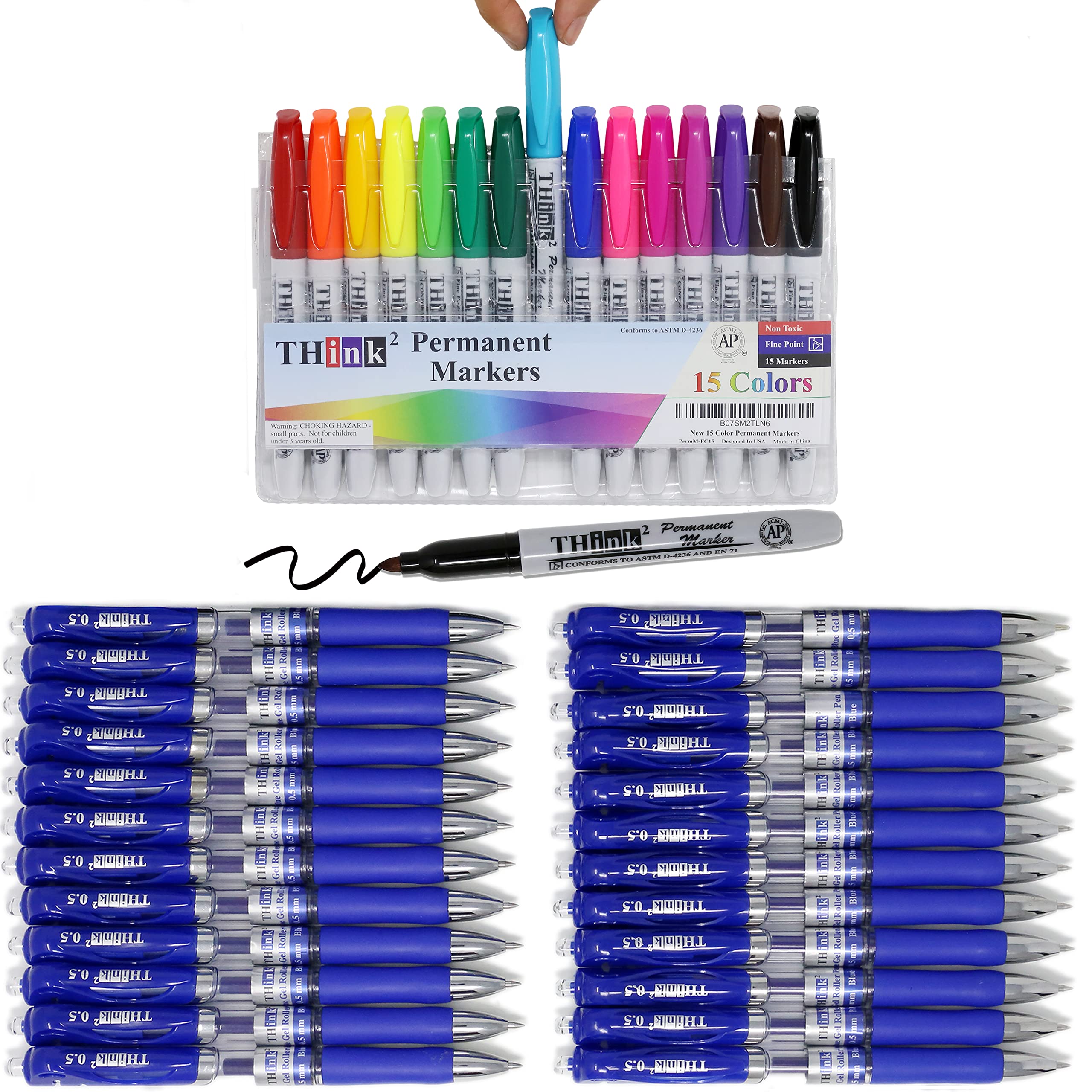 THINK2MASTER[24 Pens - Blue Ink Think2 Retractable Gel Pens & [15 Markers - 15 Colors] Think2 Bullet Tip Permanent Markers. (15 Assorted Colors). Fine Point (0.5mm) Rollerball Pens with Comfort Grip.