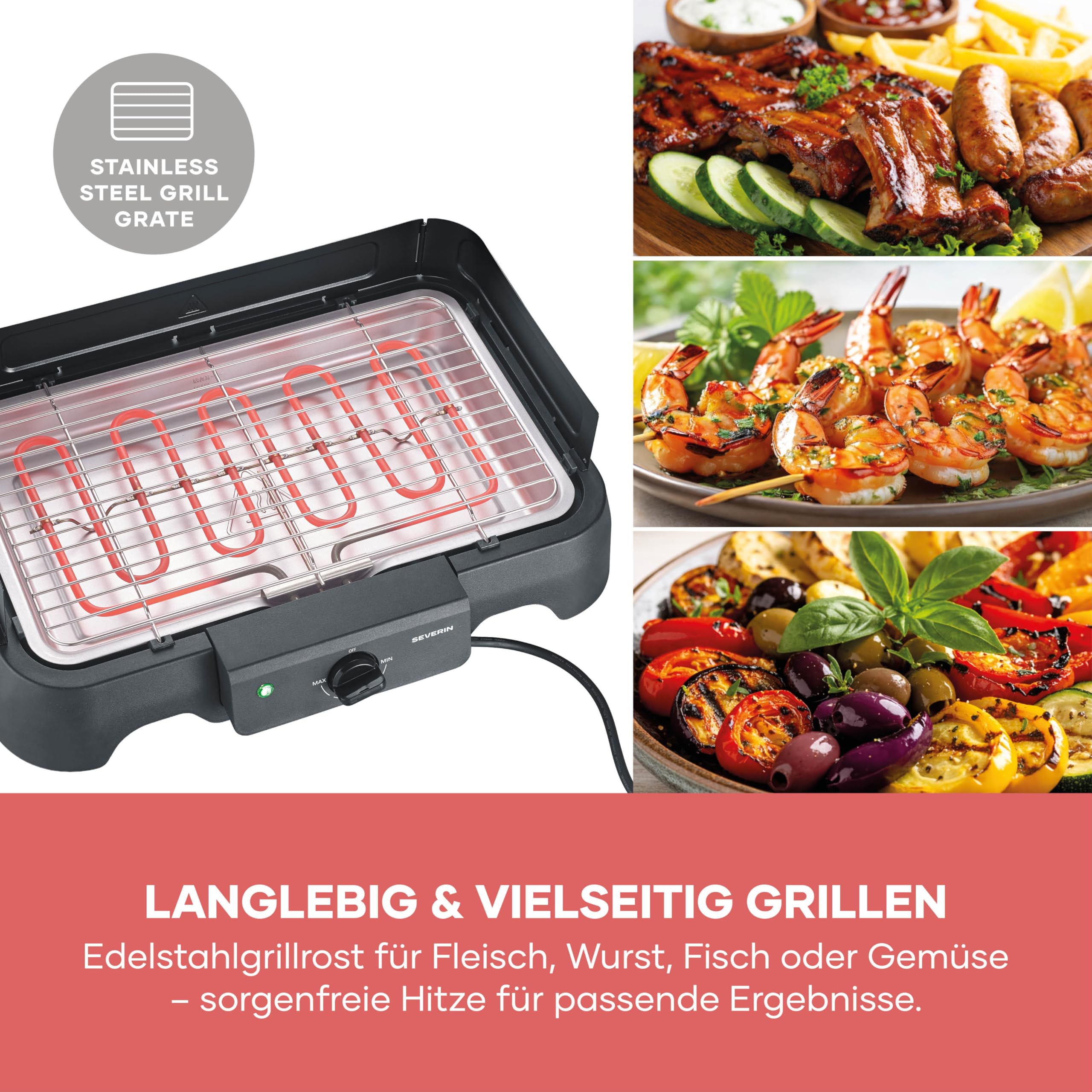 Severin Tischgrill 2000W 38x22 cm Edelstahl-Grillrost 35-200°C schwarz