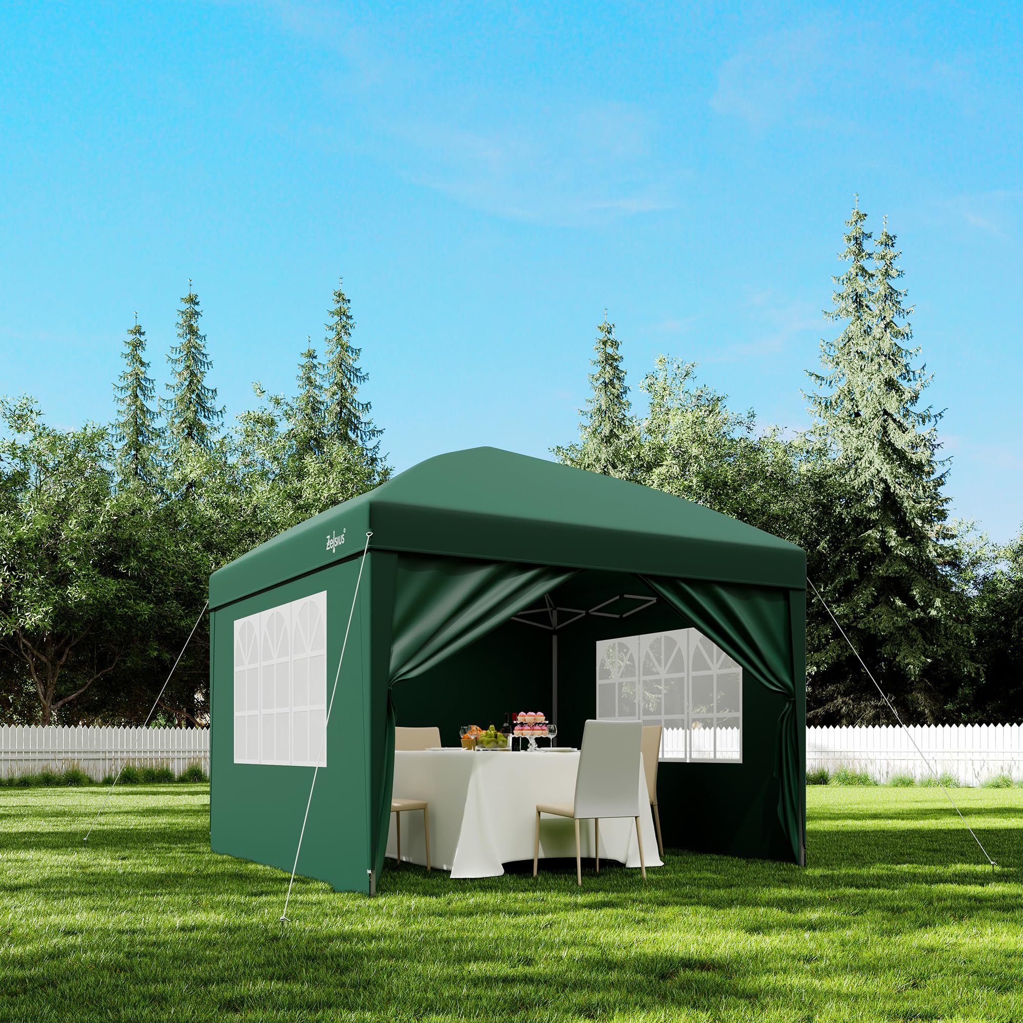 Zelsius Składany pawilon 3 x 3 m ze ścianami bocznymi | zielony | składany pawilon typu pop-up, UV30, namiot ogrodowy, składany namiot imprezowy ze ścianami bocznymi | schronienie do ogrodu, ochrona