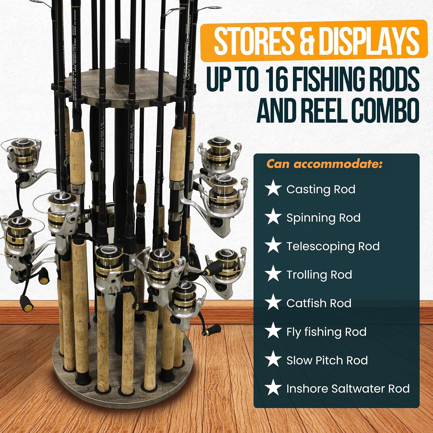 Rush Creek Creations | Round Fishing Rod Holder for 16 Freshwater Fishing Poles, Fishing Gear, and Fishing Accessories | Fishing Rod Rack with 16 Fishing Rod Clips for Garage Organization