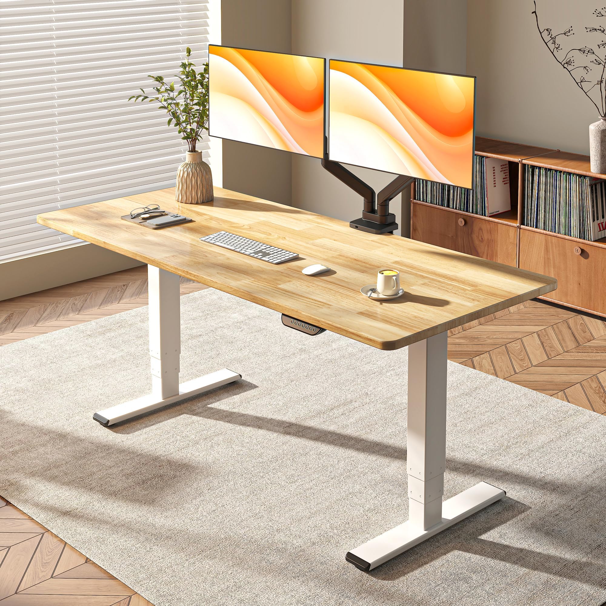 FLEXISPOT E6 MAX Solid Wood 63x24 Inch Dual Motor 3-Stage Heavy Duty Standing Desk, 330lbs Weight Capacity, Height Adjustable Desk w/Cable Management & Wheels(Butcher Block Rubberwood + White Frame)