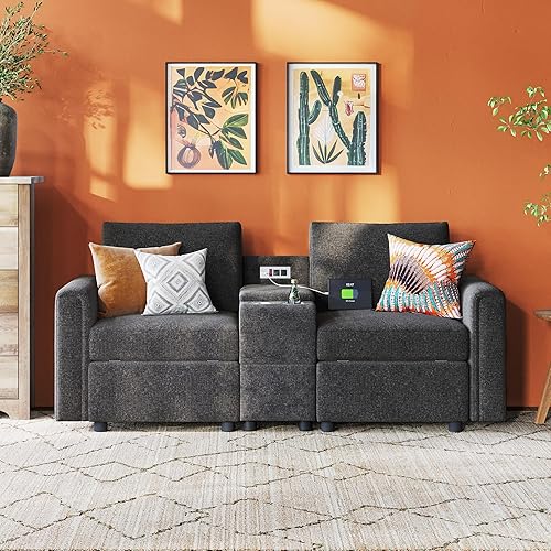 LINSY HOME Modular Loveseat Couch, Modern Sectional Sofa with Versatile Console and Storage Seat, Convertible 2-Seats Small Couches for Apartment, Home Theater, Office, Black