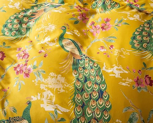 Miniatura 7 de Eikei Chinoiserie - Juego de ropa de cama de algodón de fibra larga con diseño floral de pavo real, jardín paradisiaco, jardín botánico, pájaros y