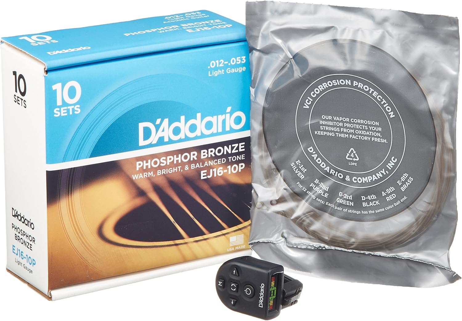 D'Addario EJ16 10 Pack Acoustic Guitar Strings (Phosphor Bronze, 12-53)