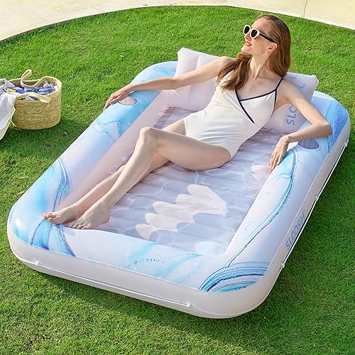 SLOOSH Inflatable Tanning Pool Lounger Float, 70" x 46" Pool Floats Adult with Pillow, 4 in 1 Suntan Tub Raft Floatie,Sunbathing Bed Lounge for