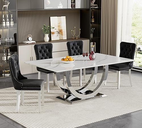 Miniatura 19 de Juego de mesa de comedor de 7 piezas, color blanco y plateado, mesa de cocina moderna de mármol sintético de 68 pulgadas con 6 sillas tapizadas Mesa