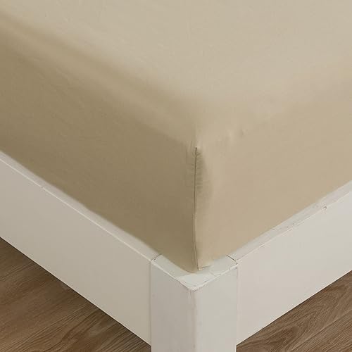 Miniatura 6 de DaDa Bedding - Sábana bajera ajustable de algodón natural suave de 14 pulgadas de profundidad, lujoso juego de sábanas neutras beige arena con 2