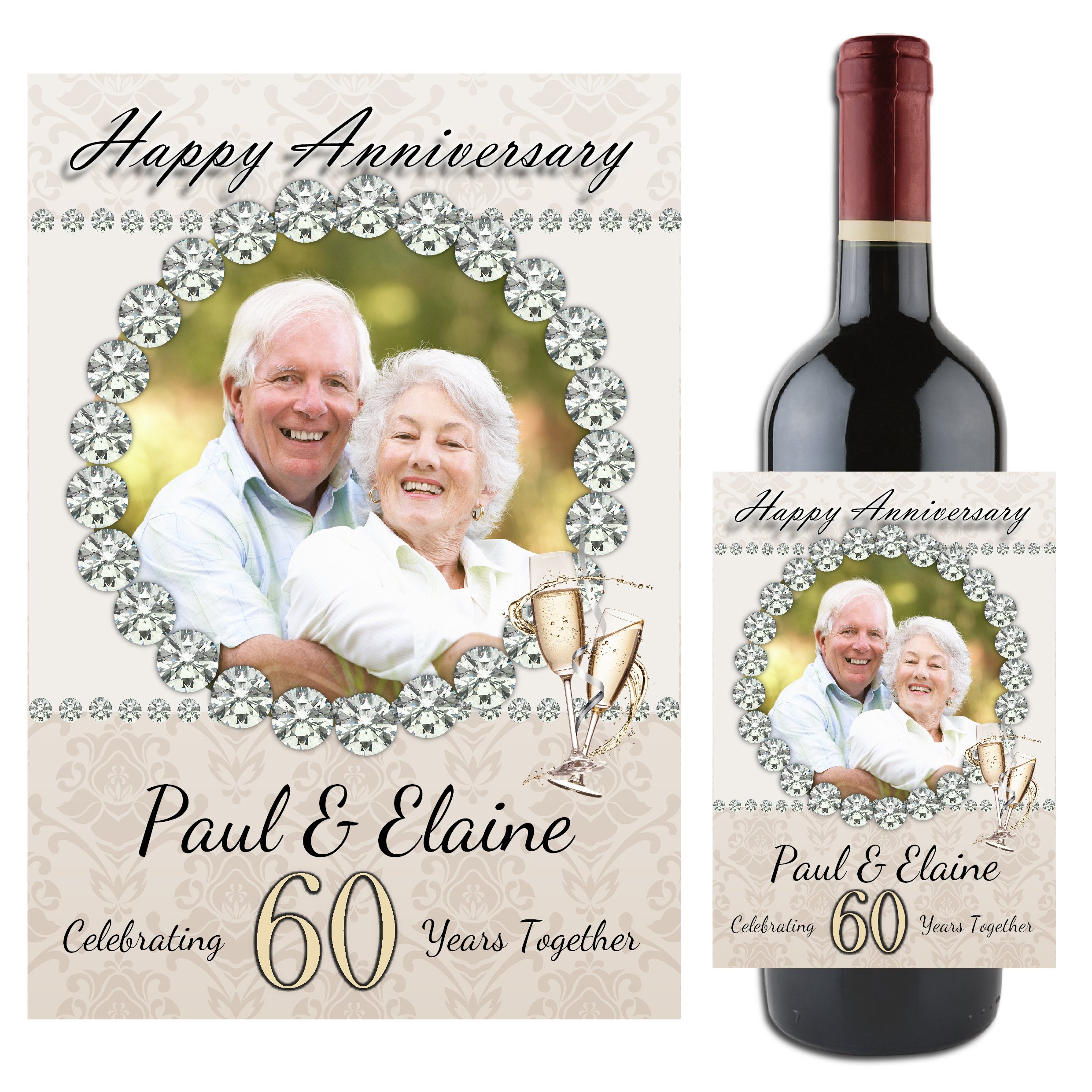 Personalised Diamond 60th Wedding Anniversary Wine/Champagne Bottle Photo Label Gift Present Idea N92