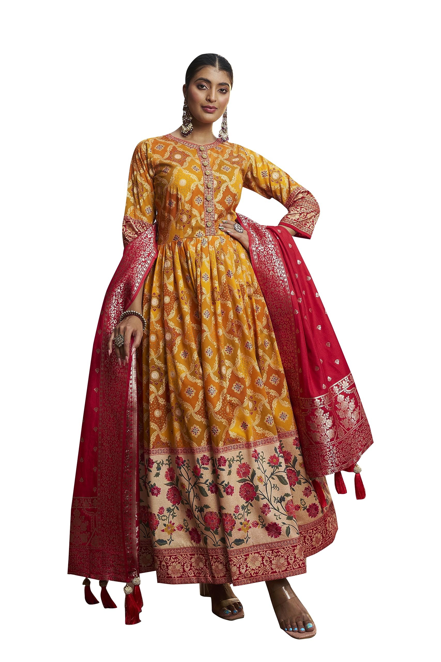 Elina fashion Indian Party Gown With Dupatta |Rayon Print Kurta Anarkali Gown For Women | Rakhi Festival Ready to Wear