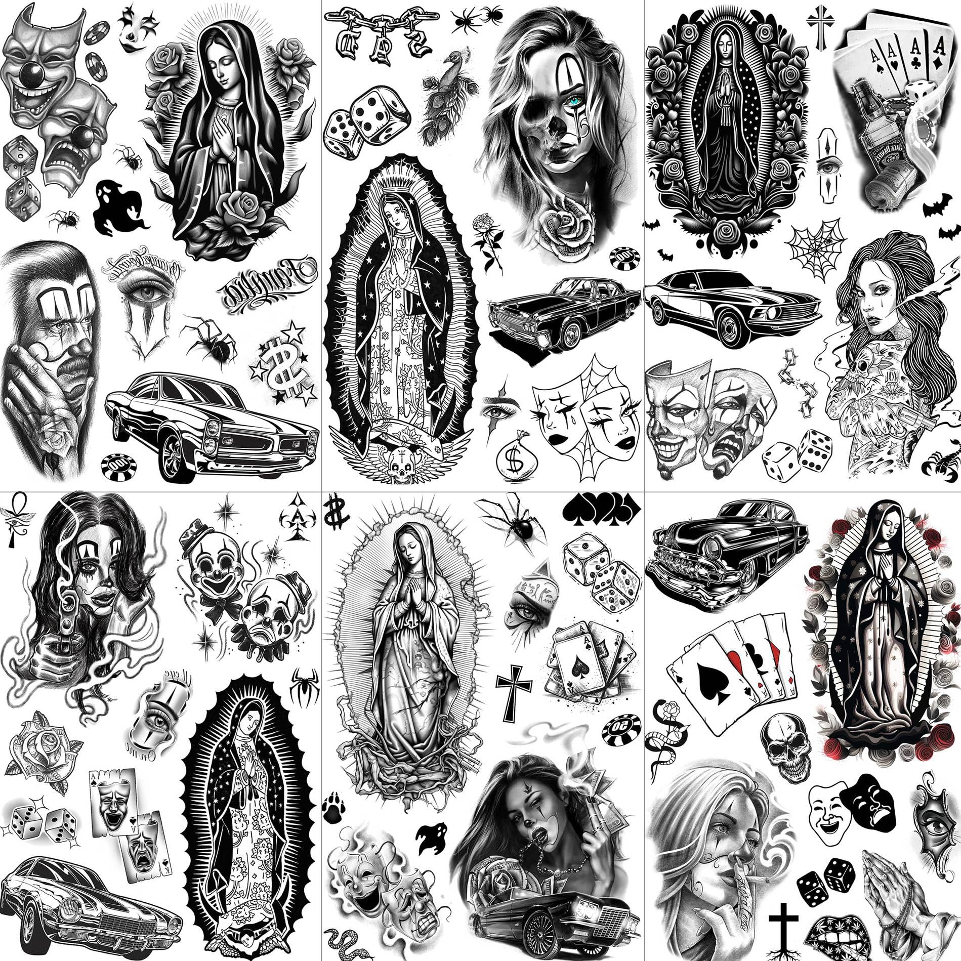 6 Blätter Chicano Temporäre Tattoos Frauen Männer Klebetattoos Erwachsene, Cholo Halloween Gesichts Make Up Set, Guadalupe Tattoo Aufkleber, Gangster Payasa Joker Fake Tattoos Kit Gefängnis