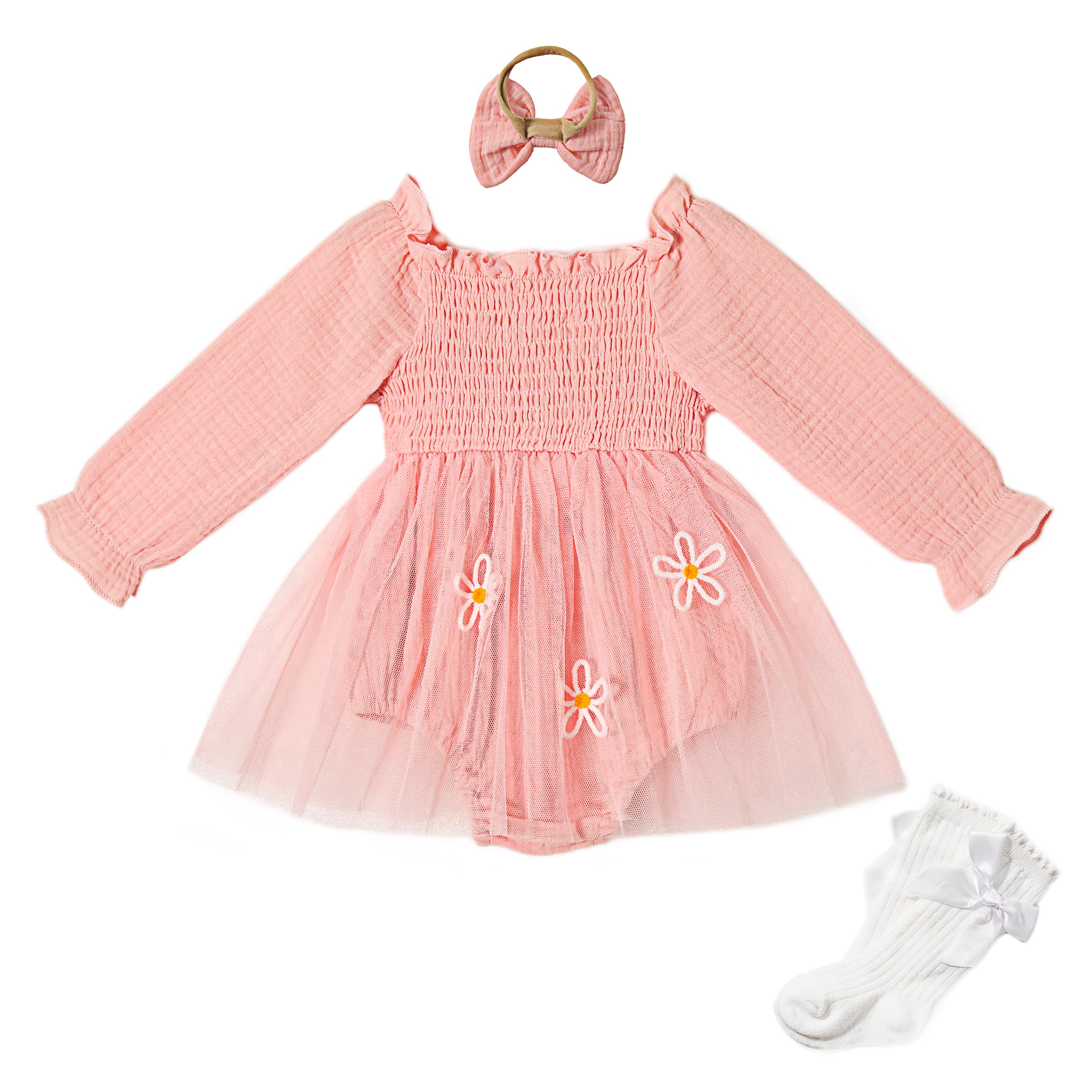 Miipat Robe de Bébé Fille 1er Anniversaire Tulle Manches Longues Romper Ensemble pour Bébé Gâteau Écraser Tenue Nourrisson Vêtements avec Bandeau de Tête Bowknot et Chaussettes