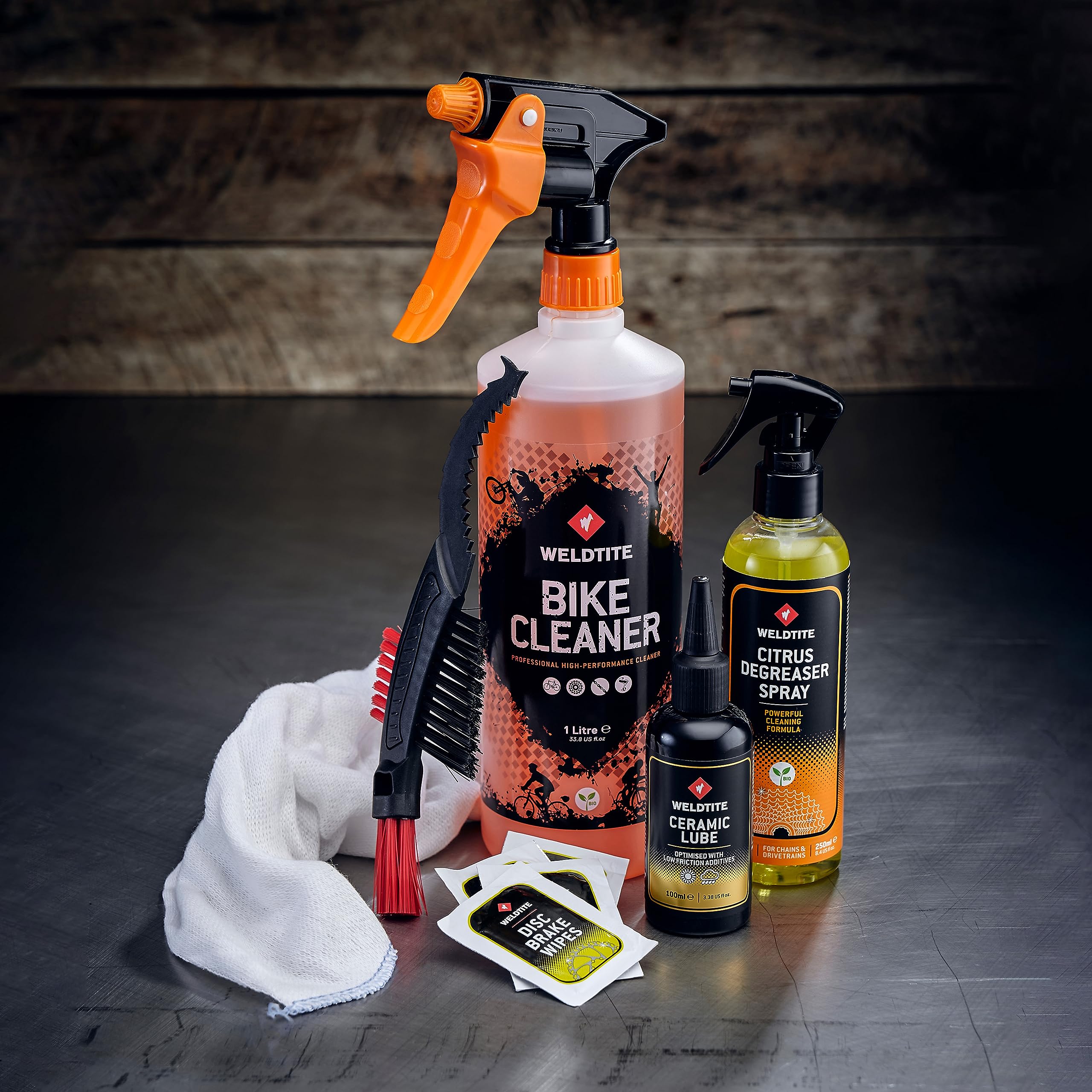WELDTITE Kit de cuidado de bicicletas 6 en 1 Grande Kit completo de limpieza y mantenimiento con limpiador, desengrasante, lubricante, cepillos, toallitas y paño de limpieza