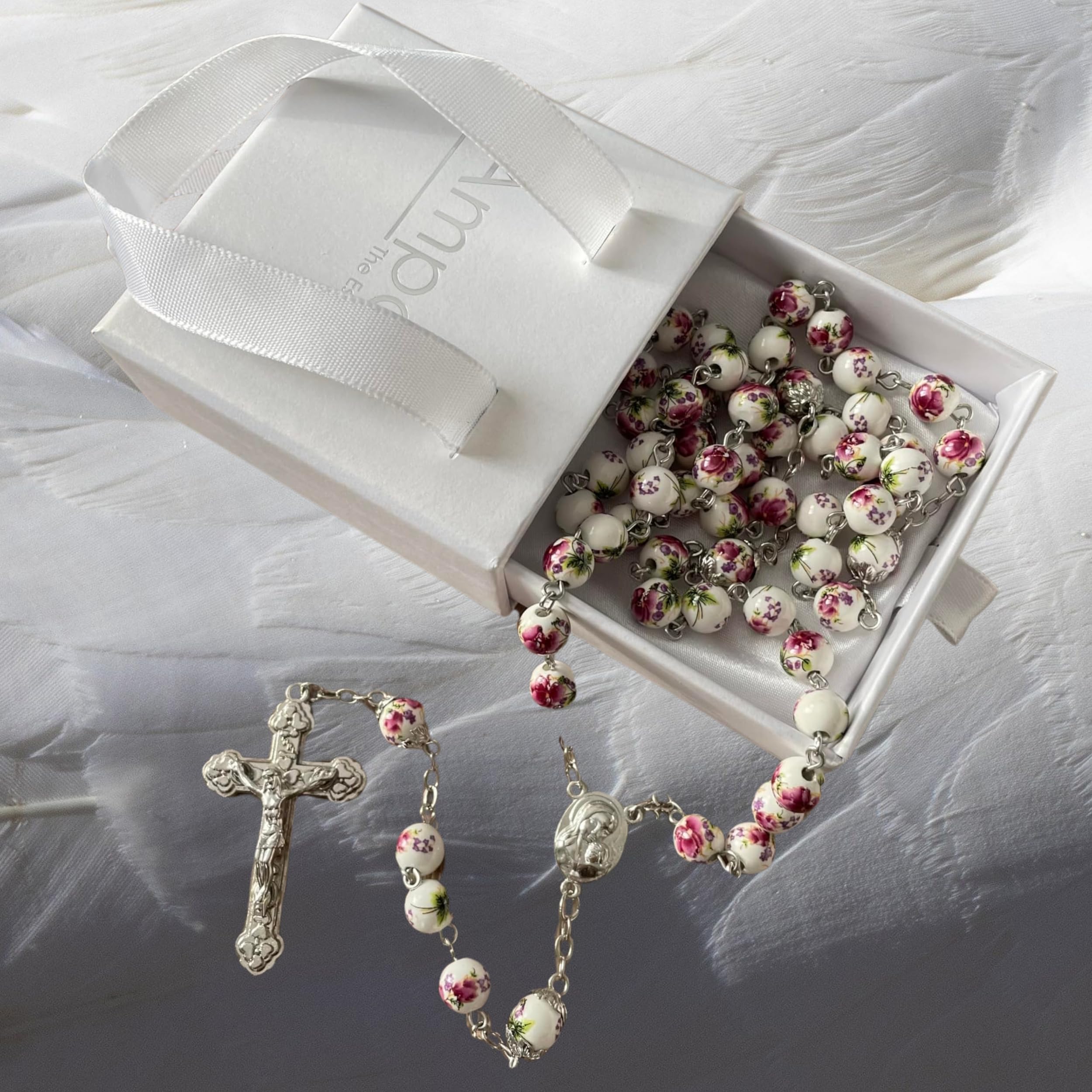 Chapelet de perles de fleurs,Rosaire avec Terre Sainte de Jérusalem dans sa boîte à cadeau, Fêtes chrétiennes, Pâques,Communion,Baptême,Confirmation, Anniversaire,Naissance,Protection, Voiture