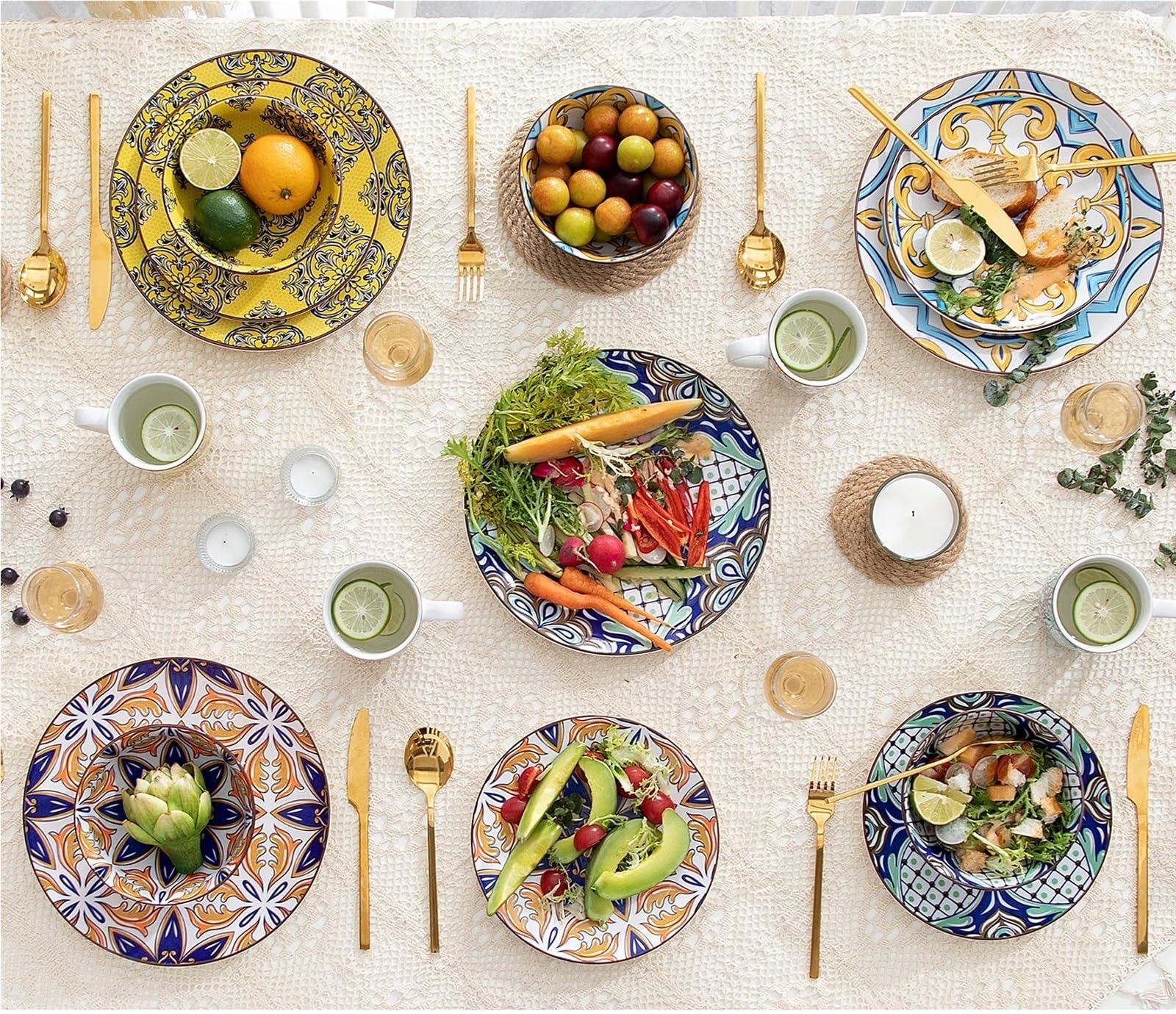 vajilla completa Juego de vajilla porcelana con diseño jazmín | Juego de vajilla de 16/32 piezas con plato llano, plato de postre, cuenco y taza(32-Piece)