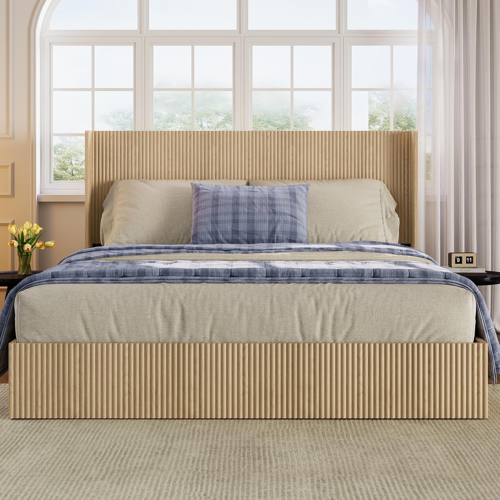 Bellemave King Bed Frame with Headboard and Lift Storage System, Headboard with Wing-Back and Convex Groove Board Design, King Size Lift Up Storage