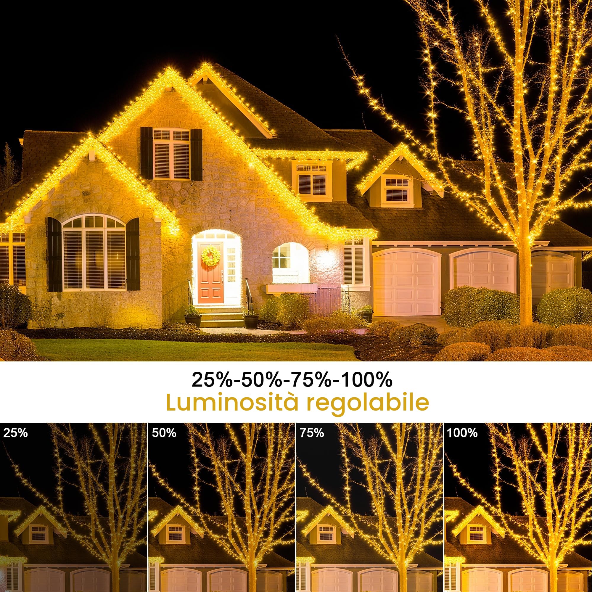 120M Luci Natale Esterno per Decorazioni Natalizie, Bianco Caldo | Luci Natalizie con Telecomando, 1080 LED, Impermeabile, 8 Modalità, Timer, Decorazione per Albero Natale, Giardino